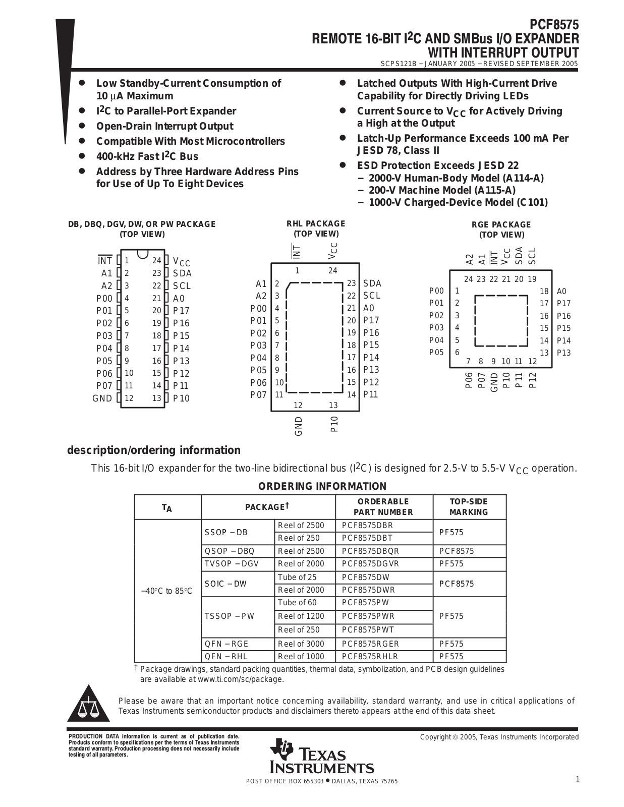 TEXAS INSTRUMENTS PCF8575 Technical data