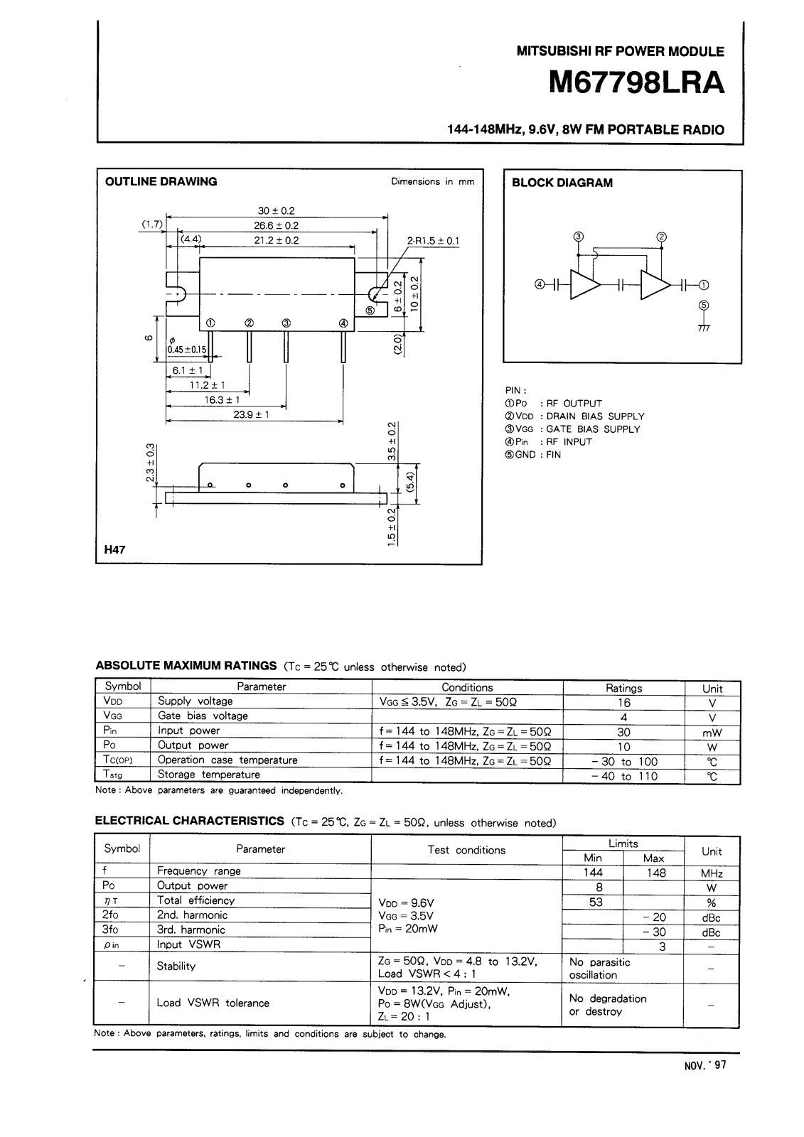 Mitsubishi M67798LRA Datasheet