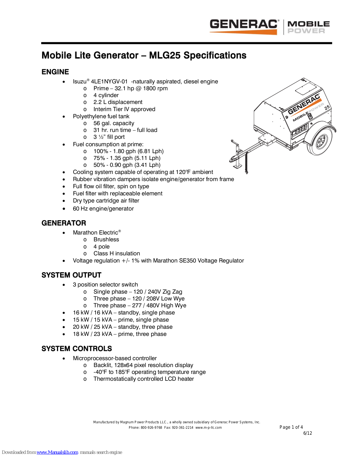 Generac Power Systems Mobile Power MLG25 Specification