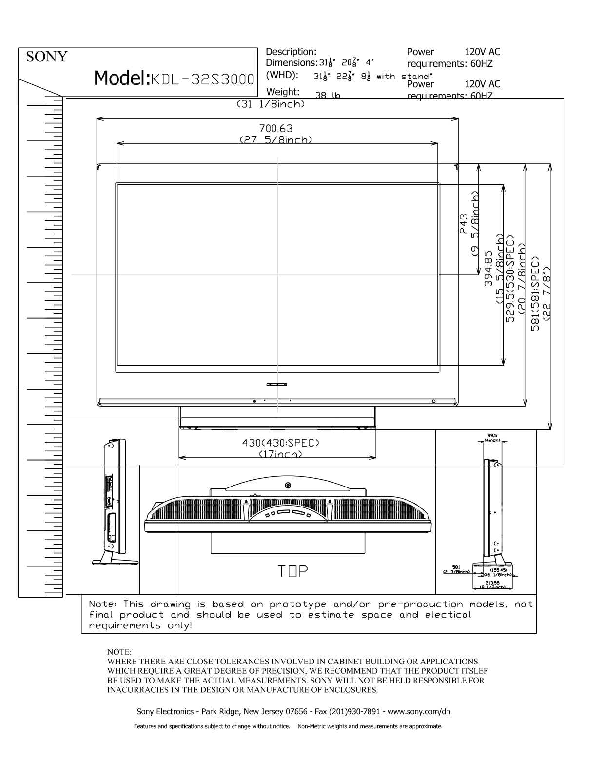 Sony KDL-32S3000 Dimensions Diagrams