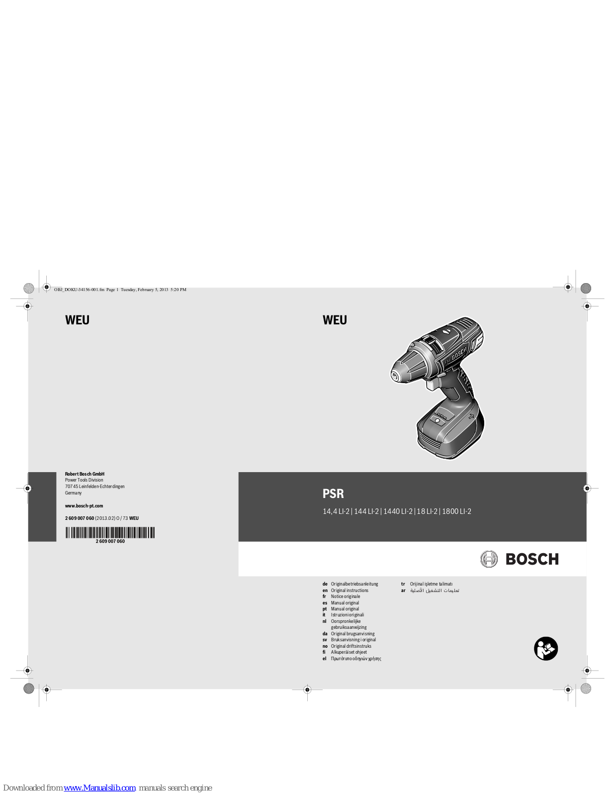 Bosch WEU PSR, PSR 14, PSR 1440 LI-2, PSR 1800 LI-2 Original Instructions Manual