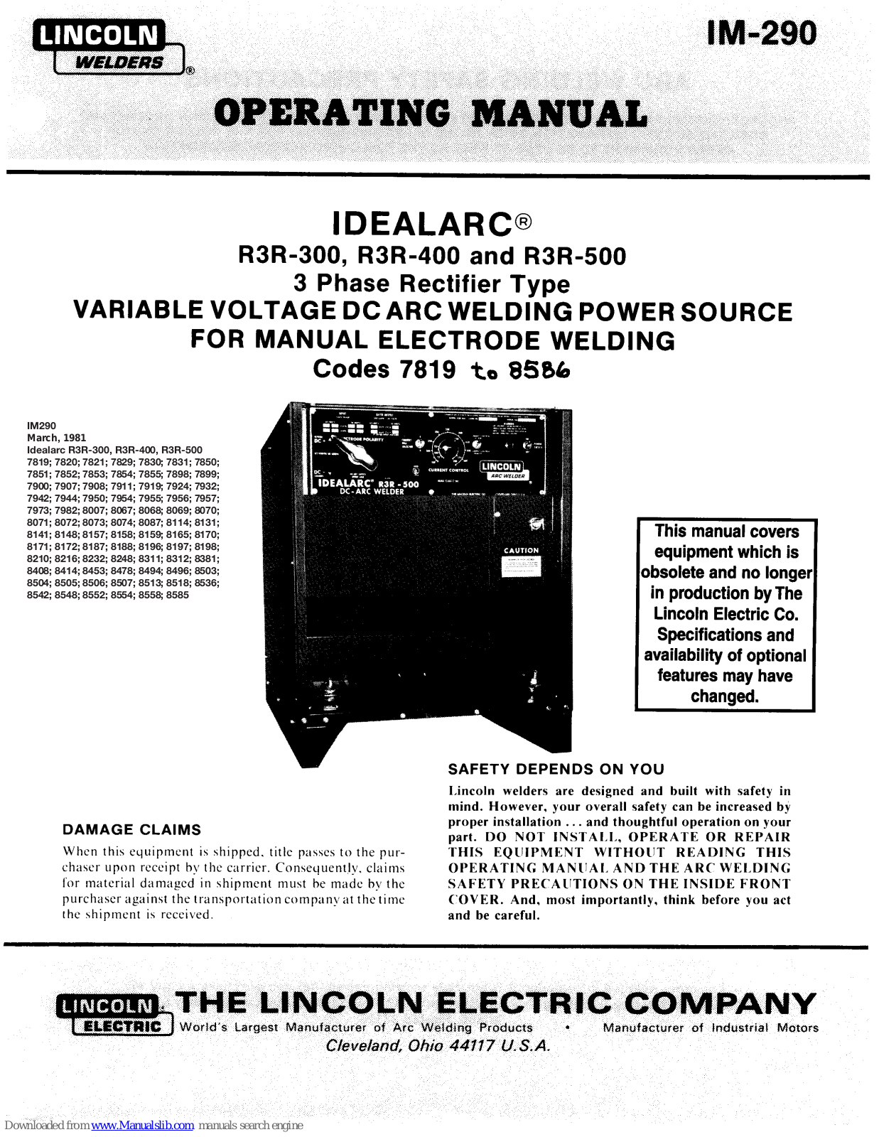 Lincoln Idealarc R3R-300, Idealarc R3R-400, Idealarc R3R-500 Operating Manual