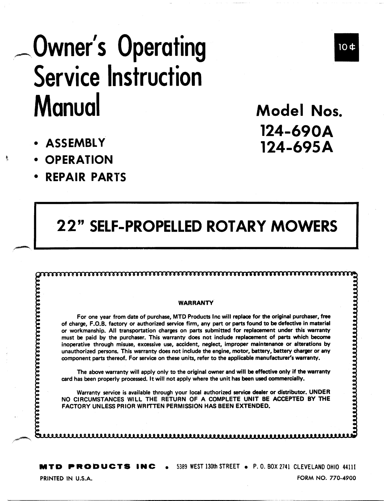 MTD 124-690A, 124-695A User Manual