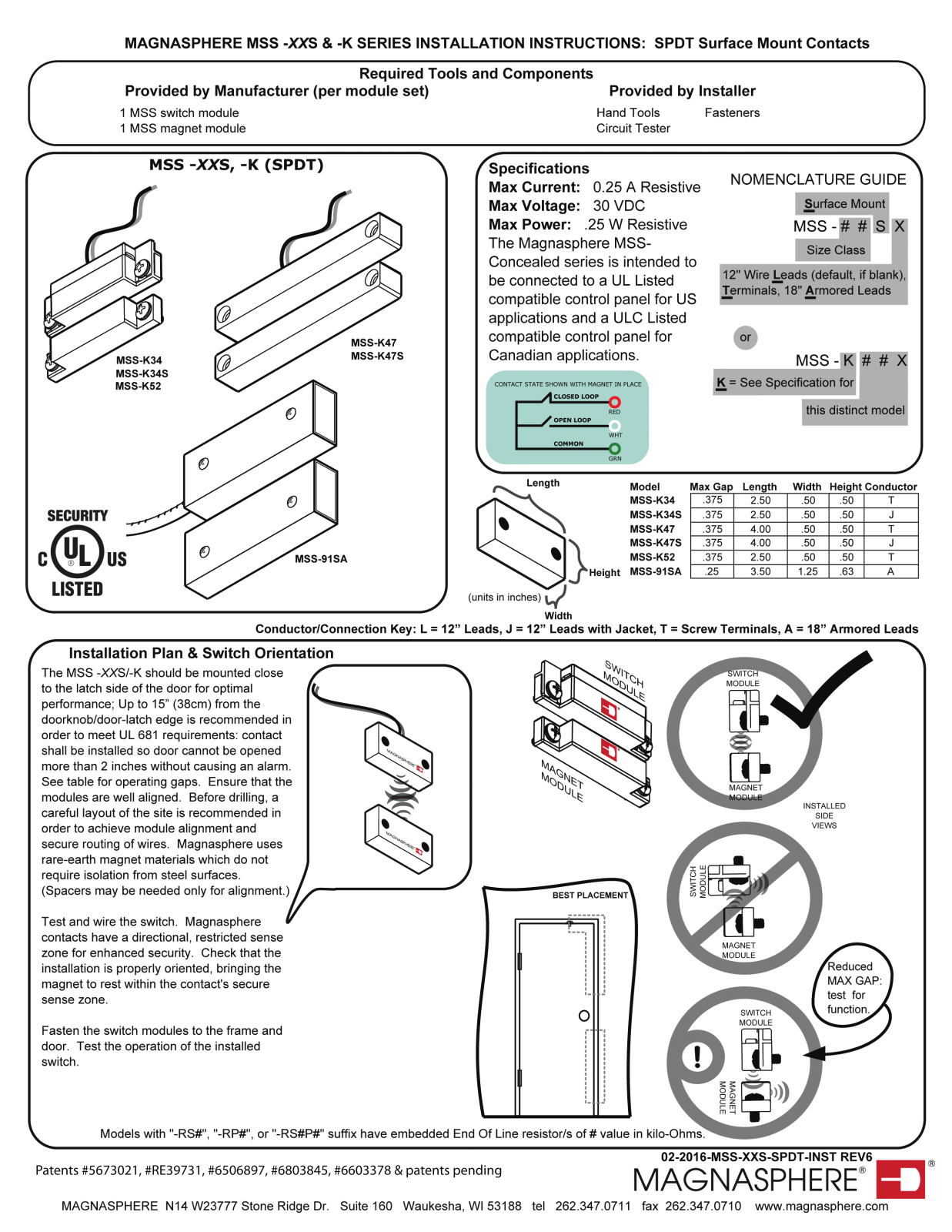 Magnasphere MSS-106S-G, MSS-106S-C36-L3-5, MSS-106S-C18-L2, MSS-105S-G, MSS-105S-C36-L3-5 Installation Instructions