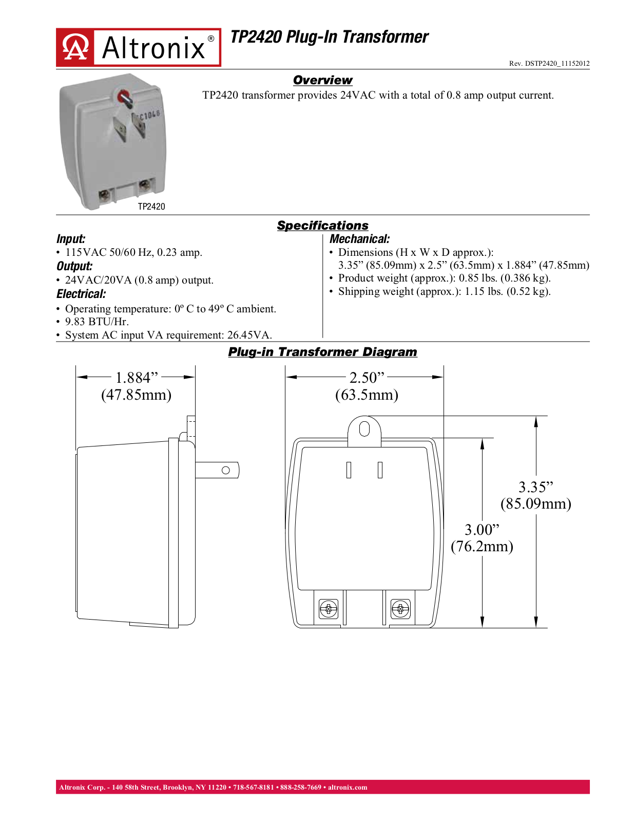 Altronix TP2420 Specsheet