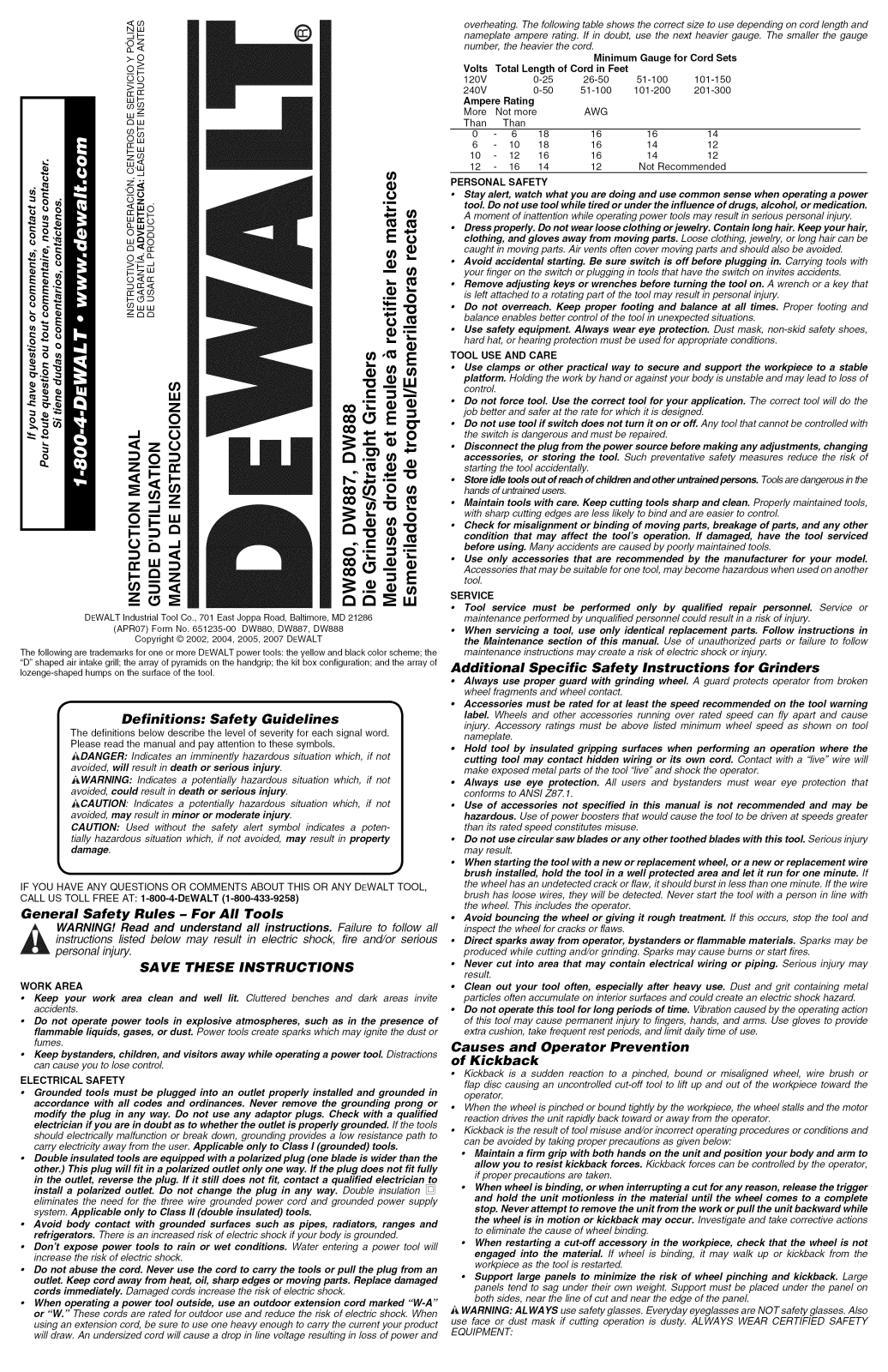DeWalt DW888 TYPE3, DW887 TYPE3, DW880 TYPE 3 Owner’s Manual