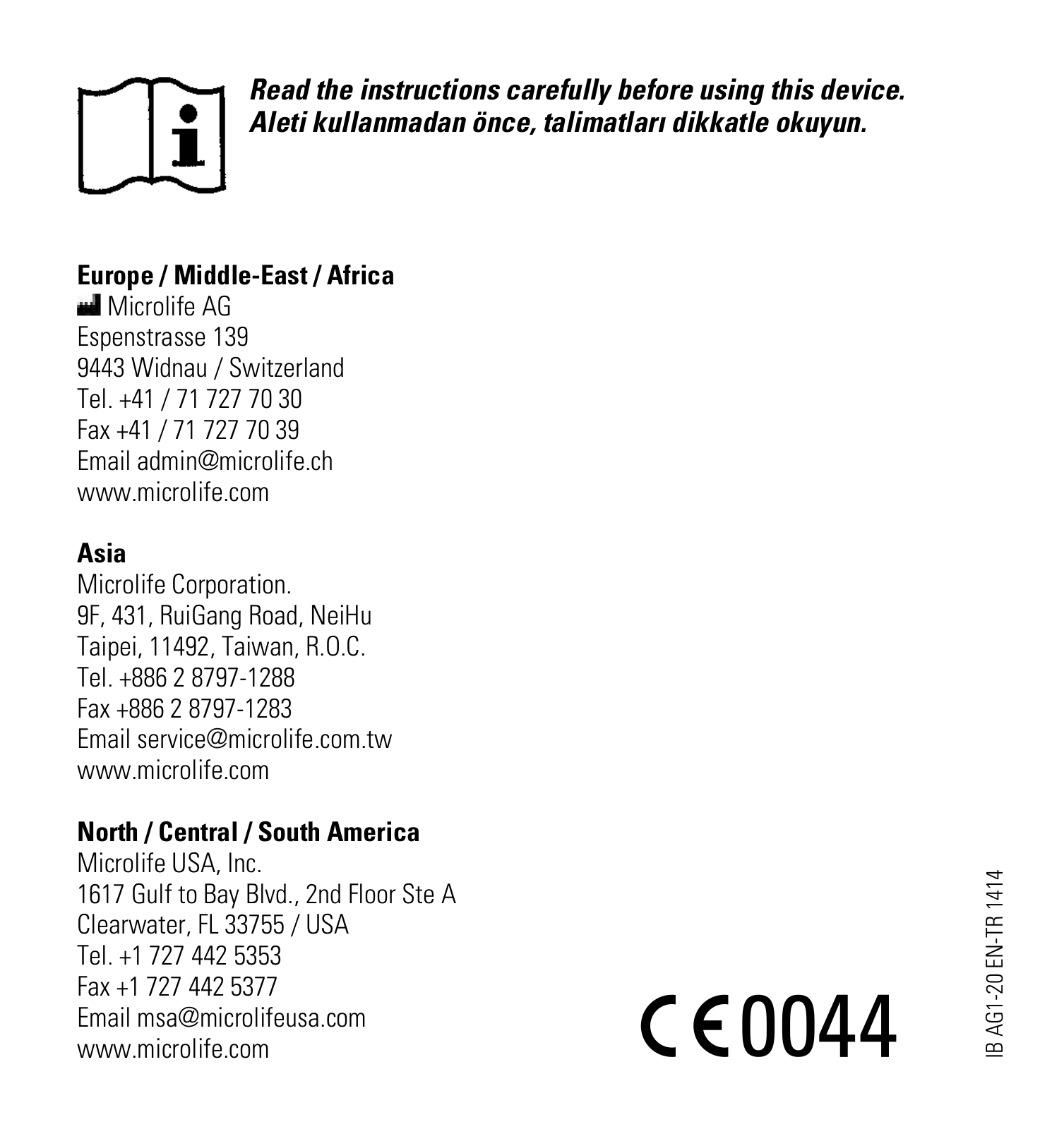 Microlife AG1-20 Navigation Manual