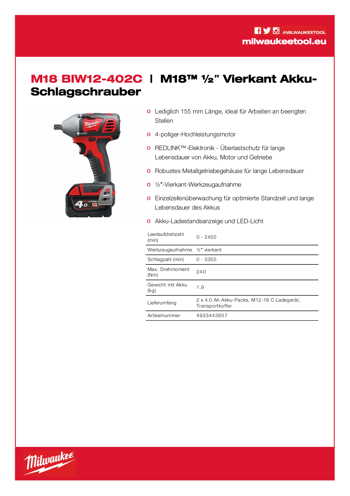 Milwaukee M18 BIW12-402C User Manual