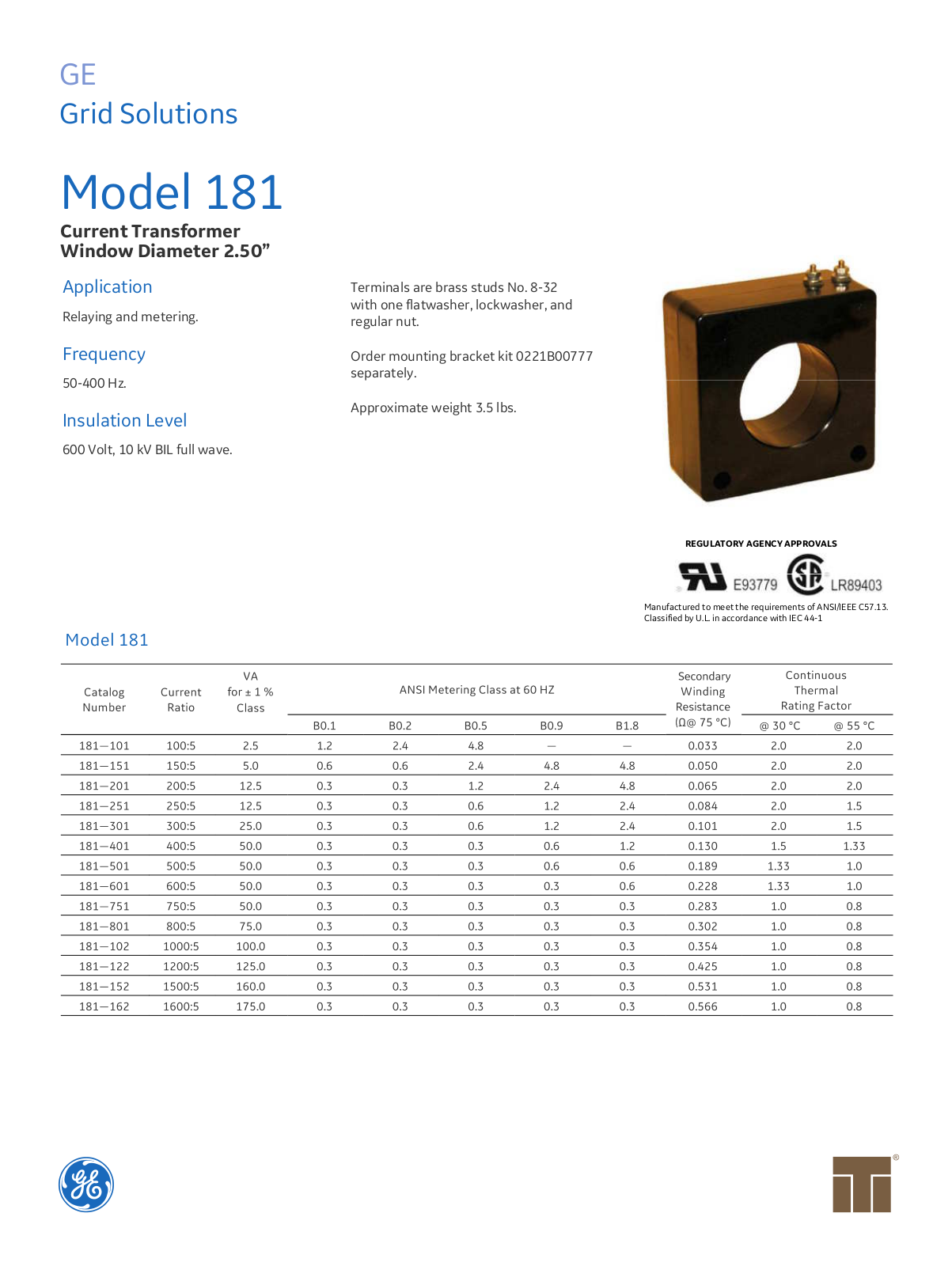 Instrument Transformer, Div of GE 181 Data Sheet