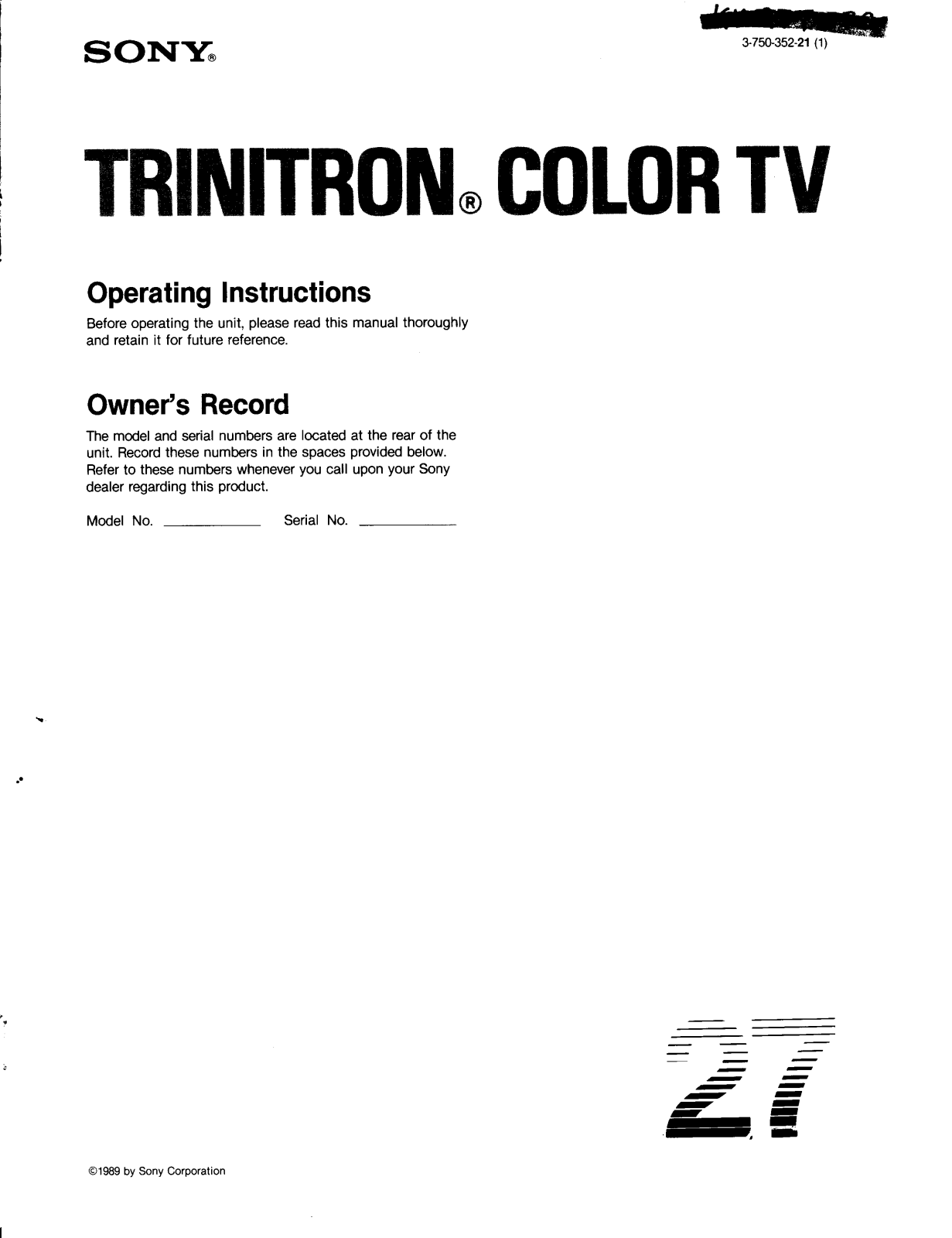 Sony KV-27TW70 Operating Instructions