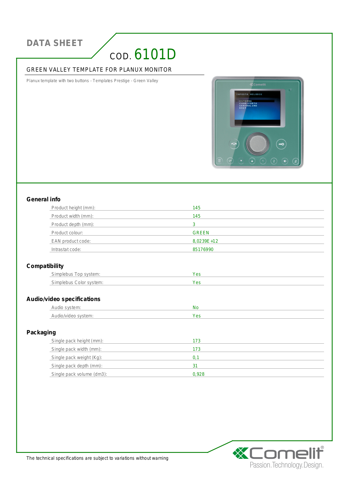 Comelit 6101D Specsheet - ManualMachine.com