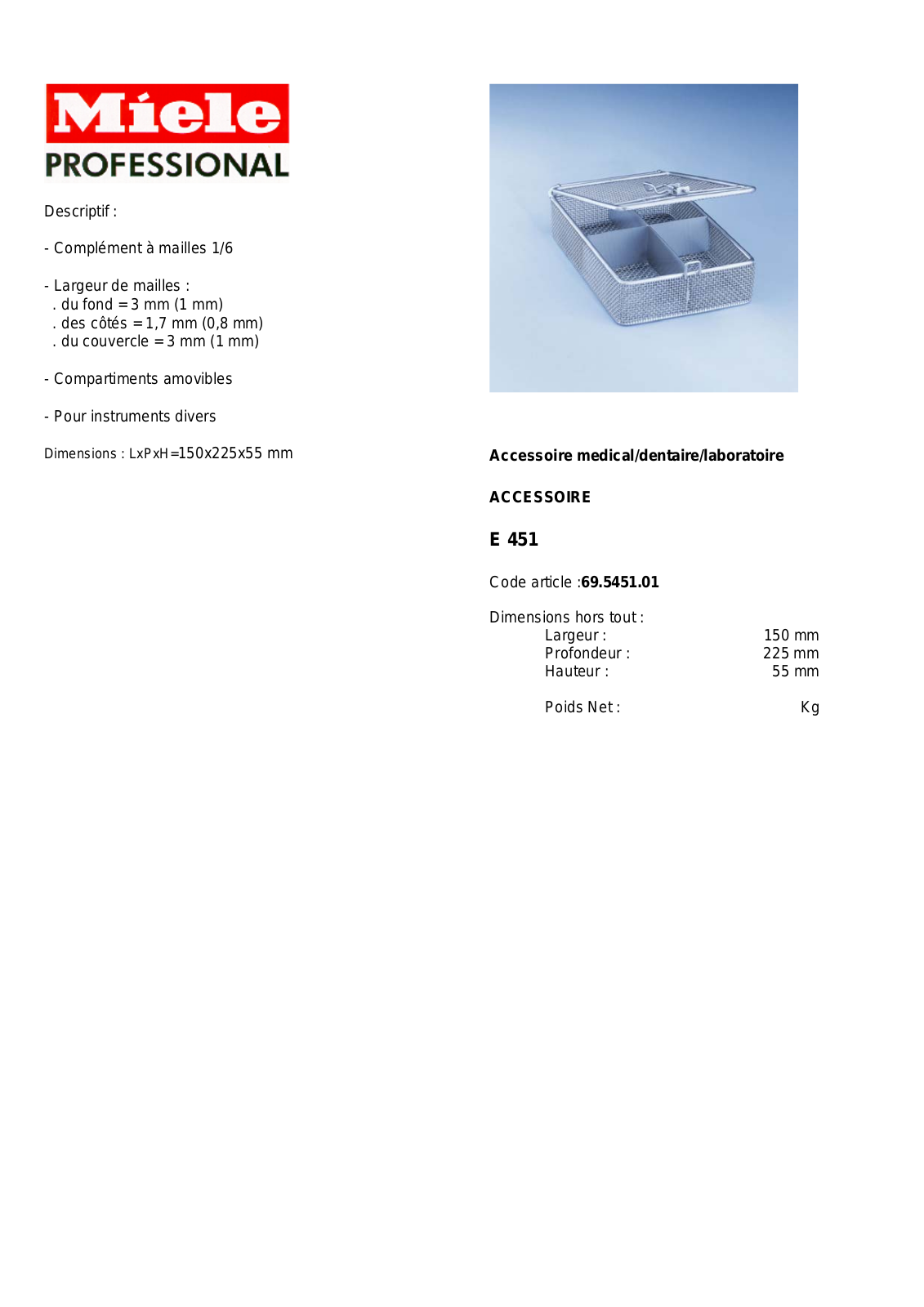 MIELE E 451 DESCRIPTIF User Manual