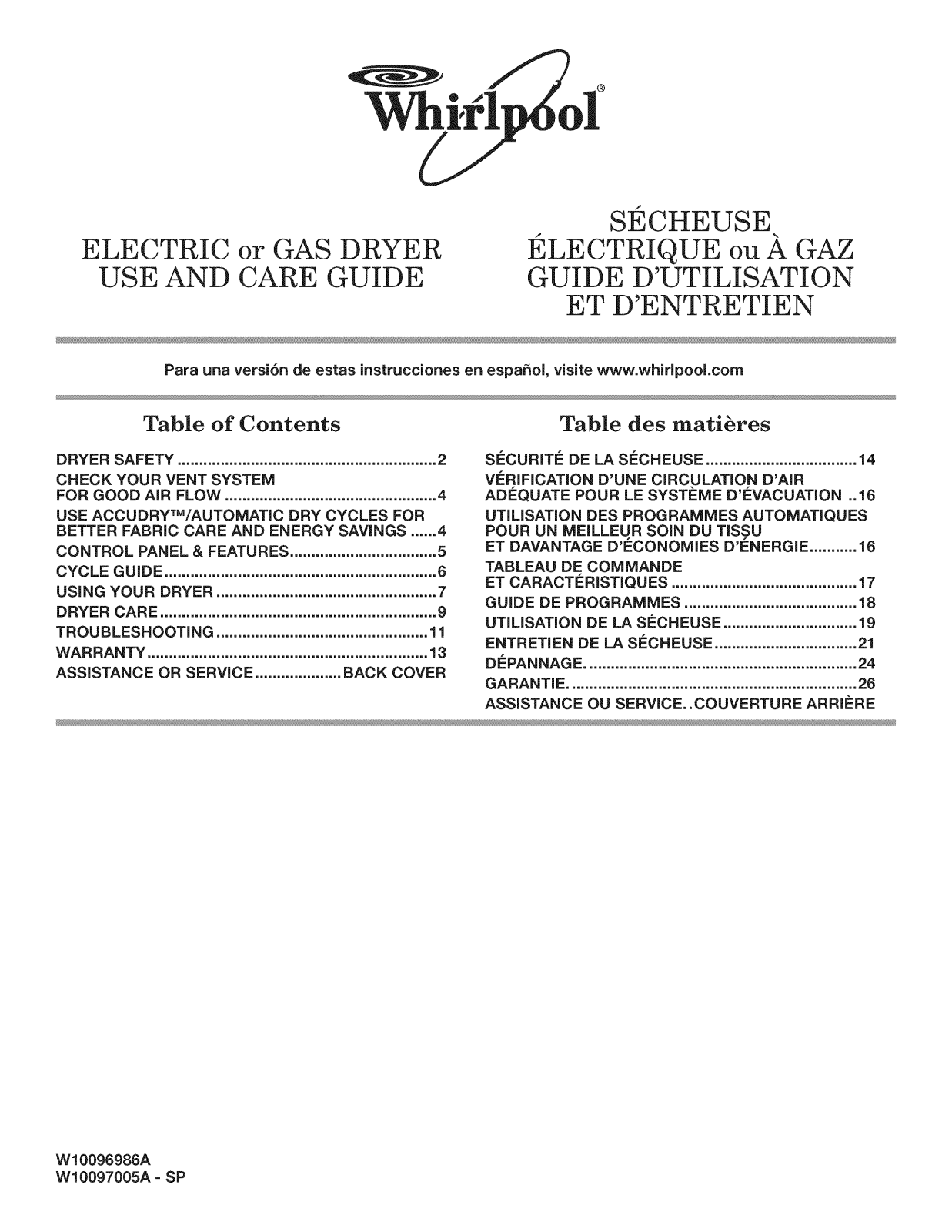 Whirlpool WGD4800XQ1, WGD4900XW3, WED4890XQ2, WED4800XQ1, WED4800XQ0 Owner’s Manual