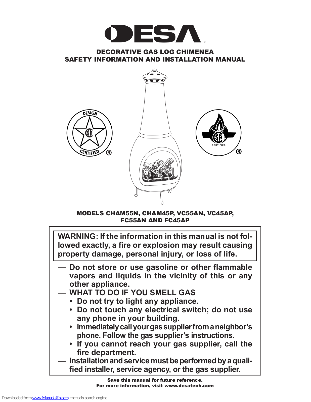 Desa CHAM55N, VC55AN, VC45AP, FC55AN, FC45AP Safety Information And Installation Manual