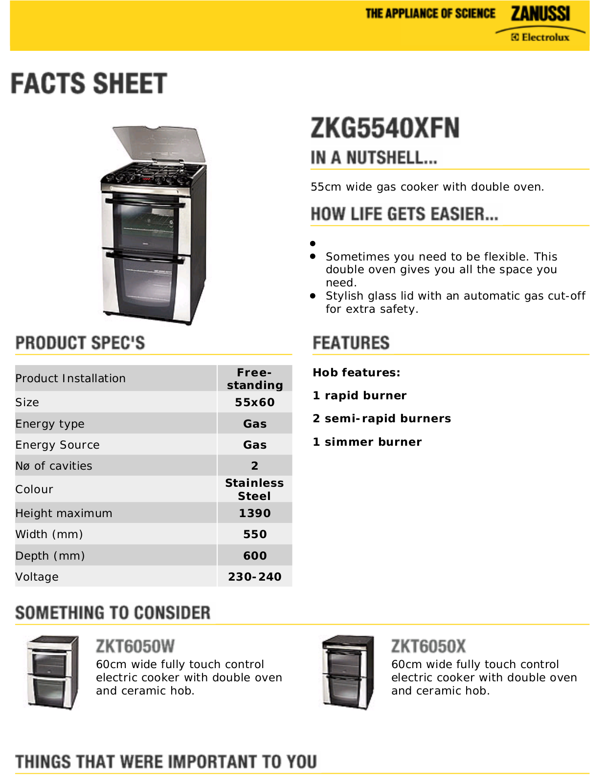 Zanussi ZKG5540XFN Datasheet