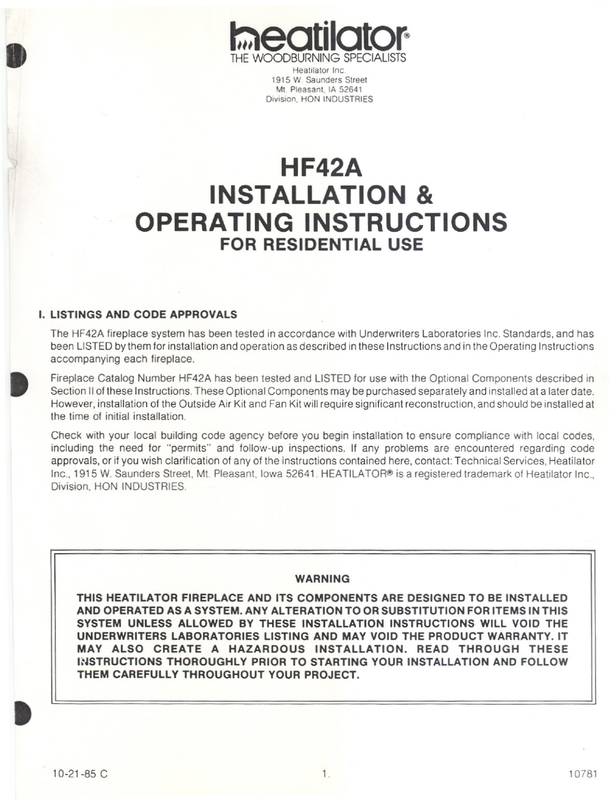 Heatiator HF42A User Manual