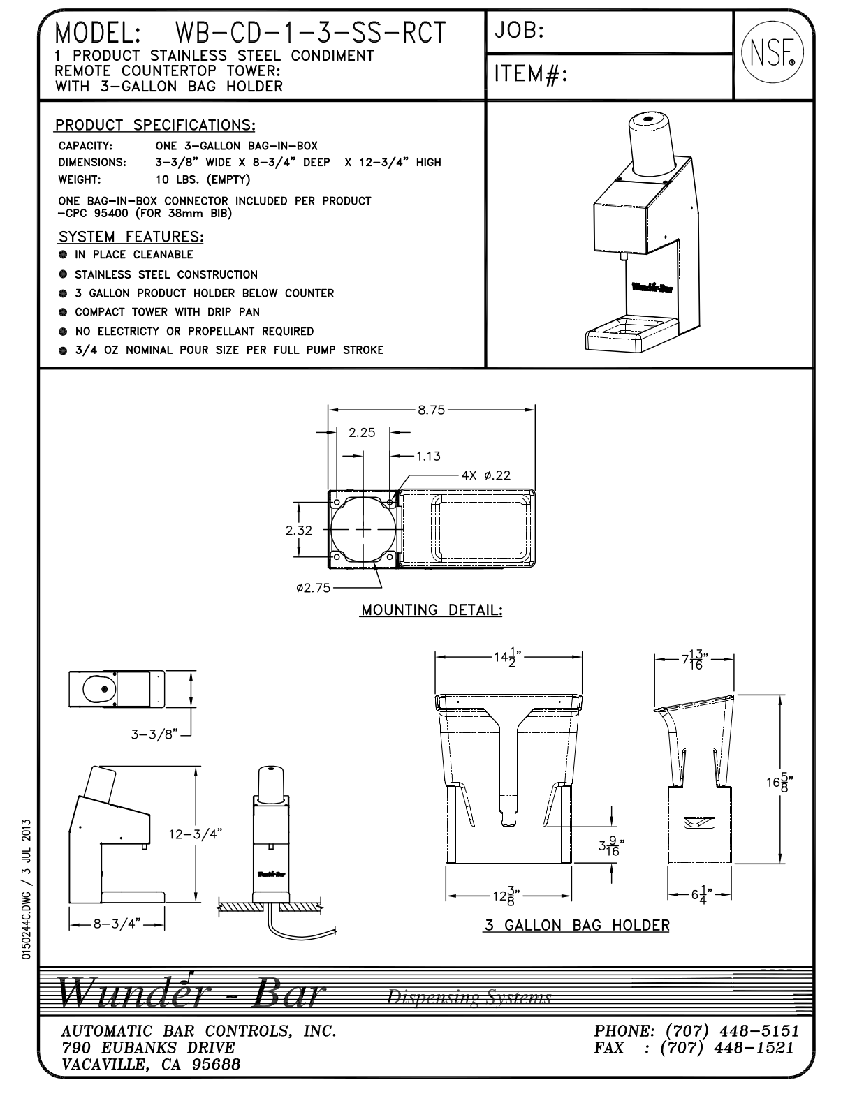 Wunder Bar WB-CD-1-3-SS-RCT User Manual