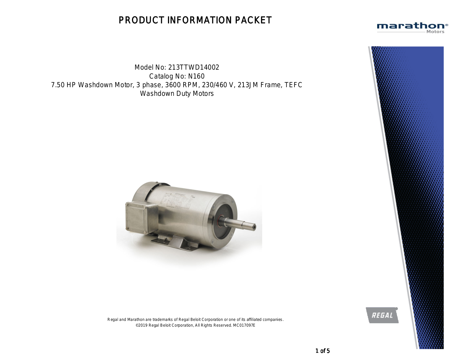 Marathon Electric N160 Product Information Packet