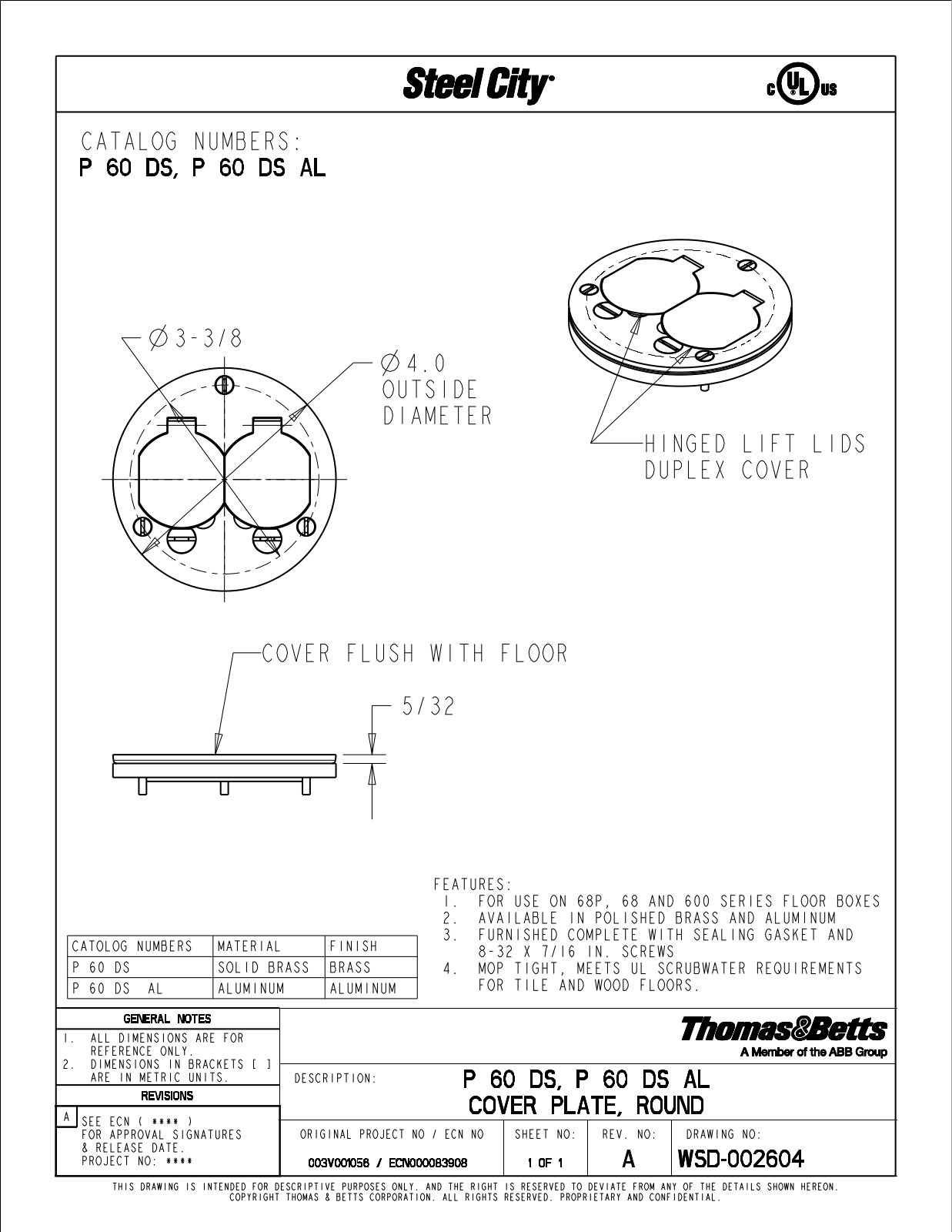 Thomas & Betts P 60 DS, P 60 DS AL Reference Drawing - ManualMachine.com