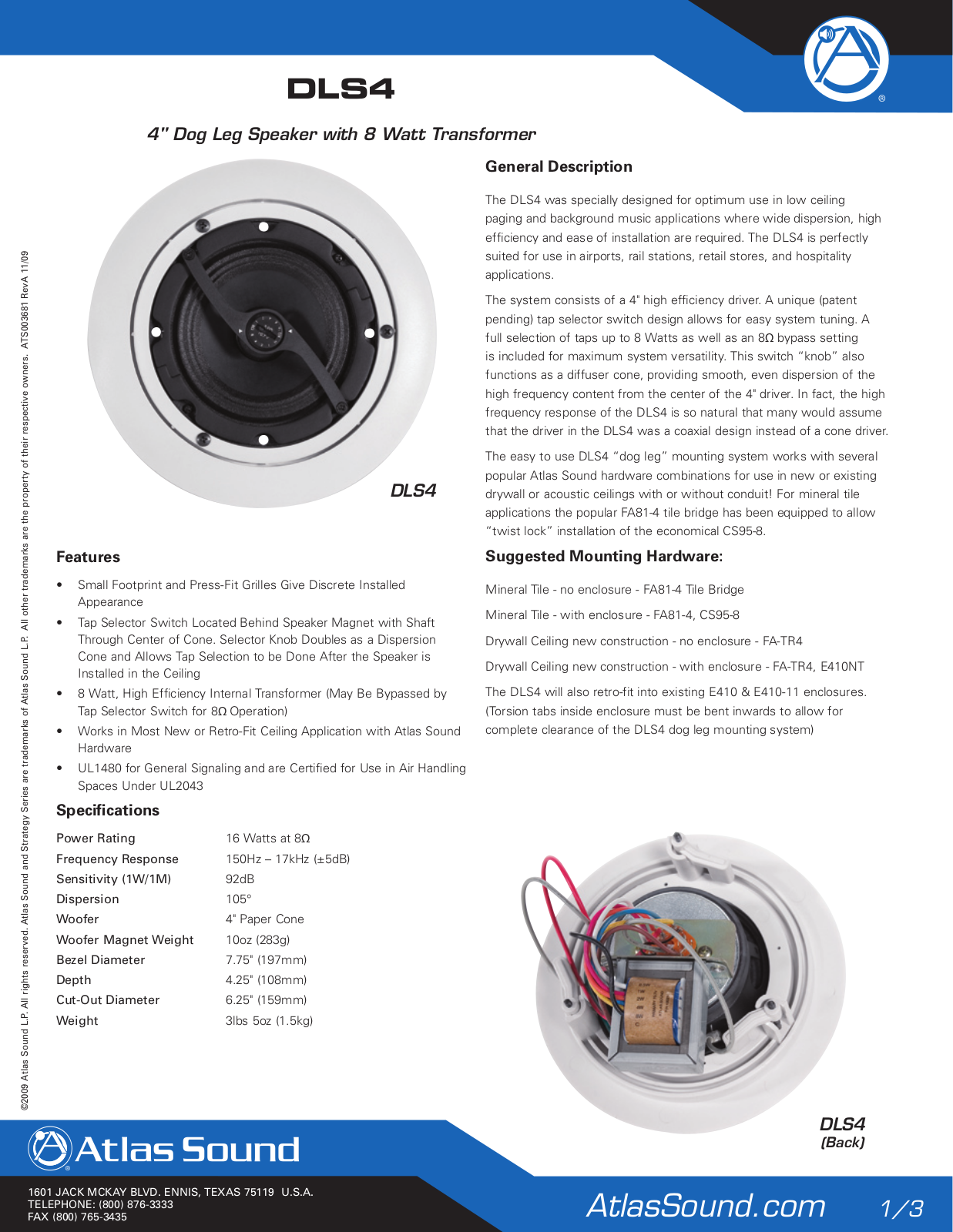 Atlas DLS4 Specification Sheet