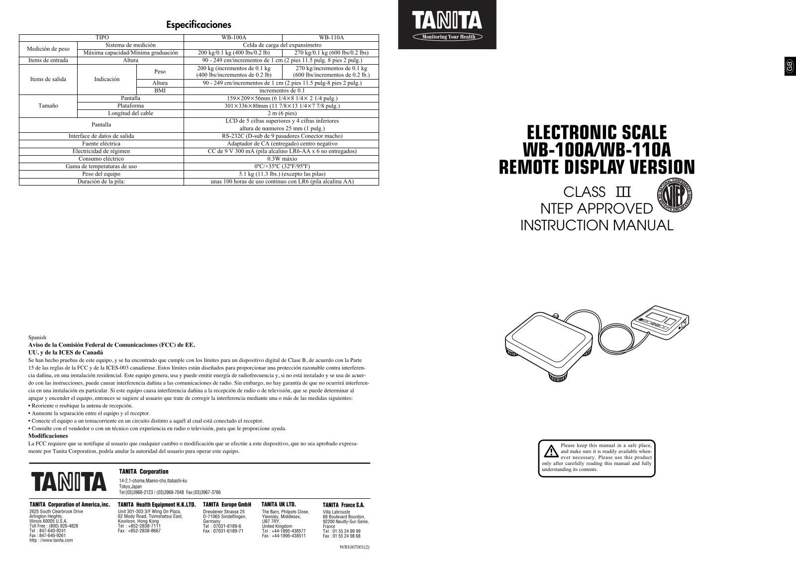 Tanita WB-100A, WB-110A Owner's Manual