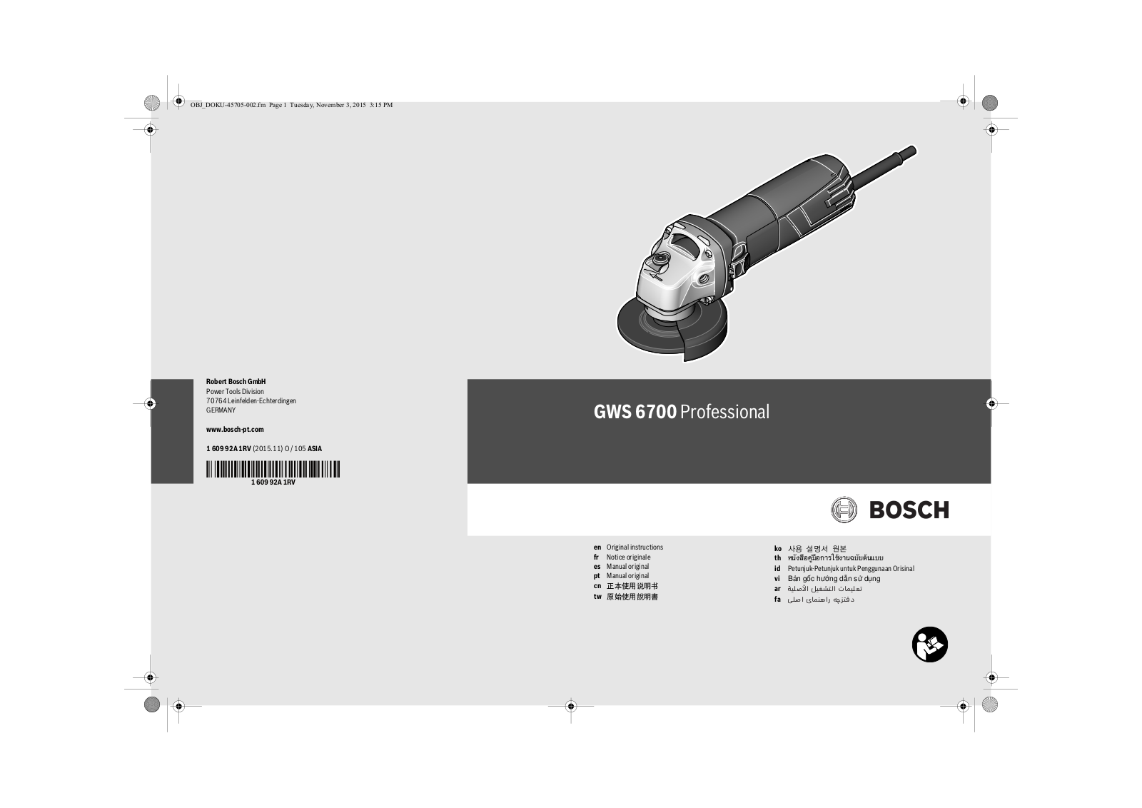 Bosch GWS 6700 Professional Original Instructions Manual