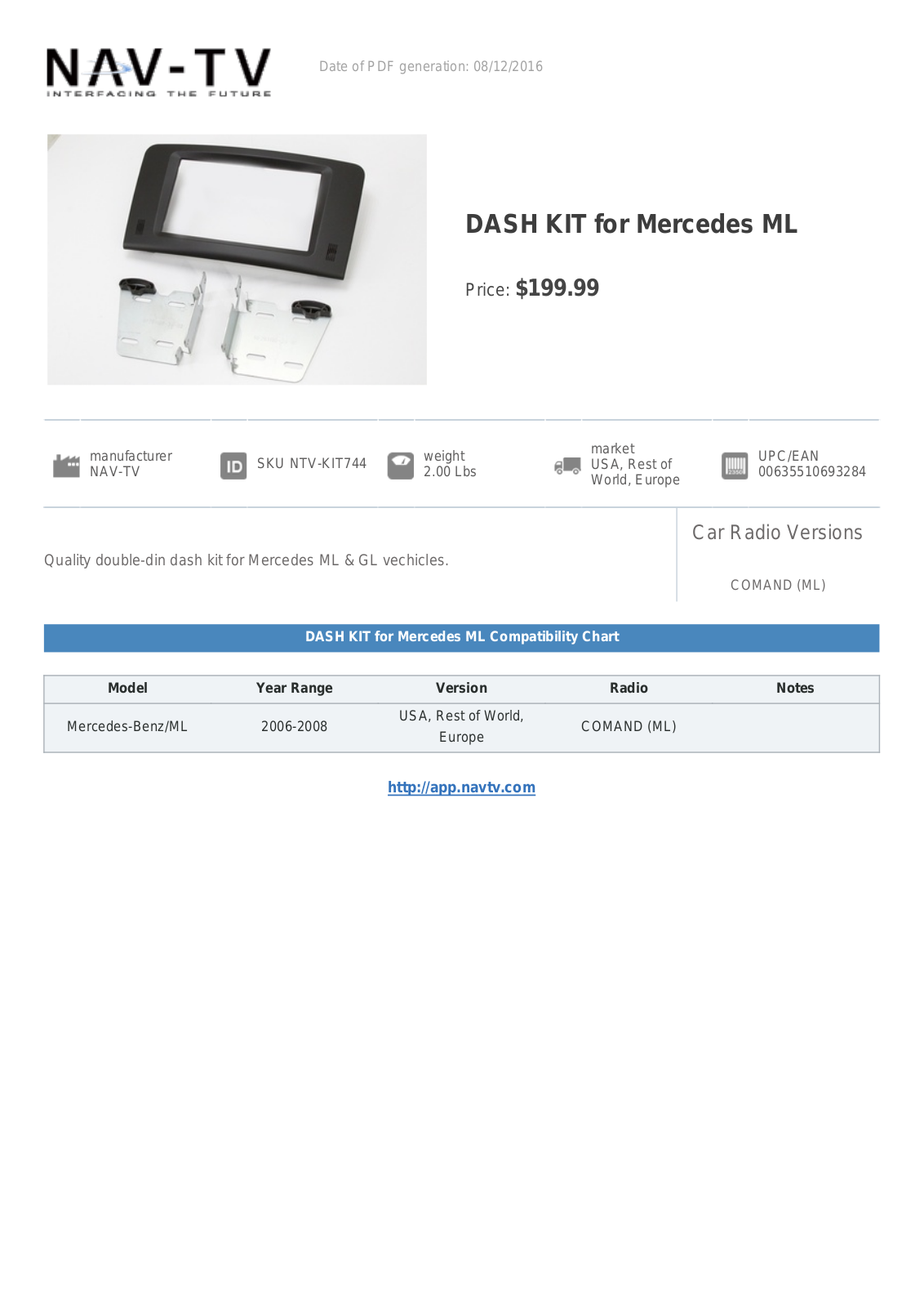 NAV-TV DASH KIT for Mercedes ML Specifications