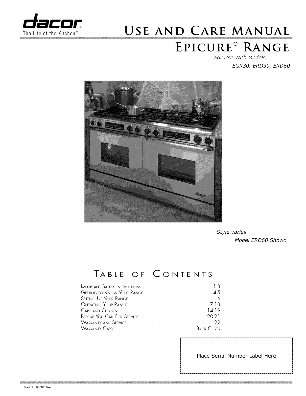 Dacor ERD30S06NGH, ERD30S06NG, ERD30S06LPH, ERD30S06LP, EGR30 Owner’s Manual