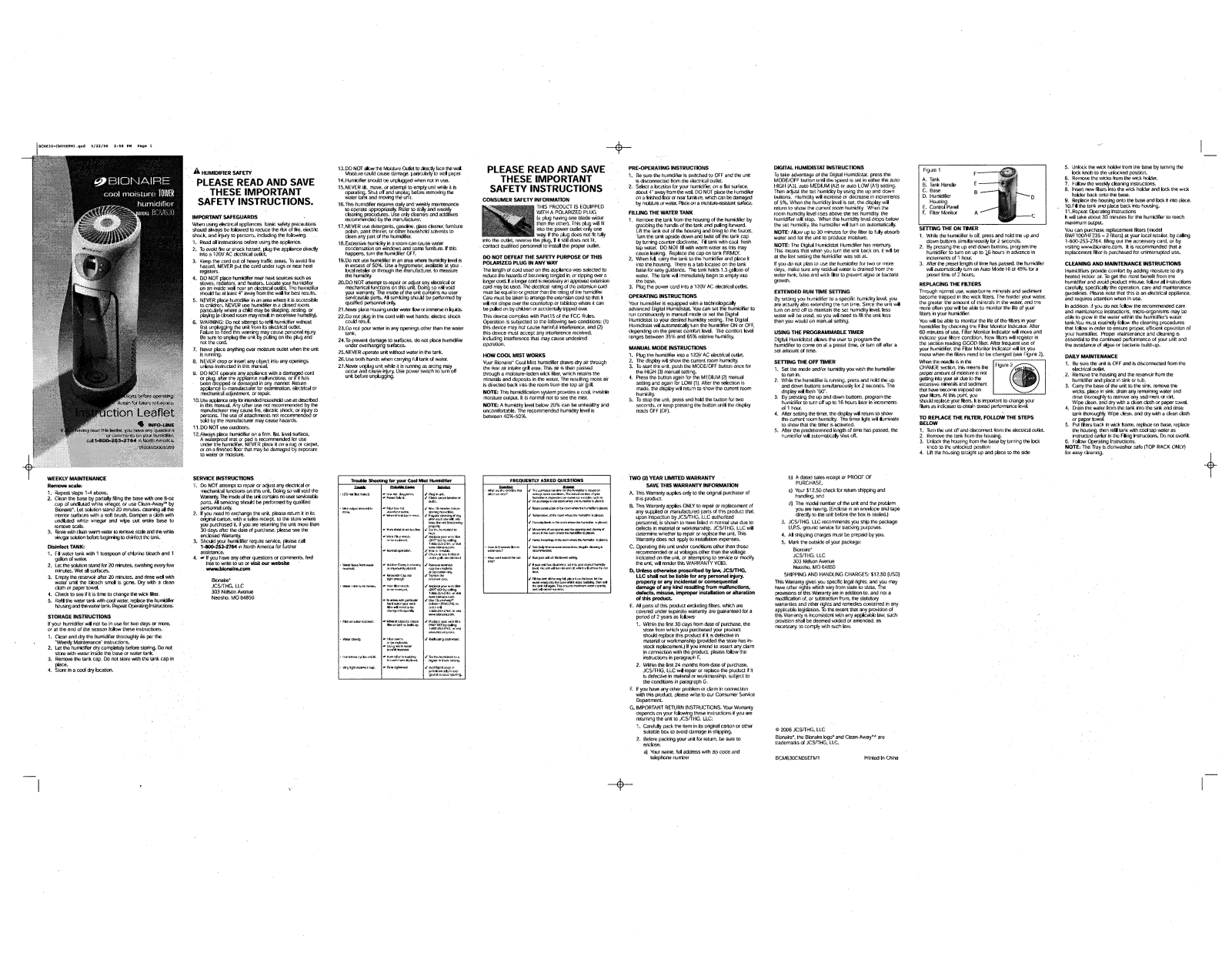 Bionaire Bcm630 Owner's Manual