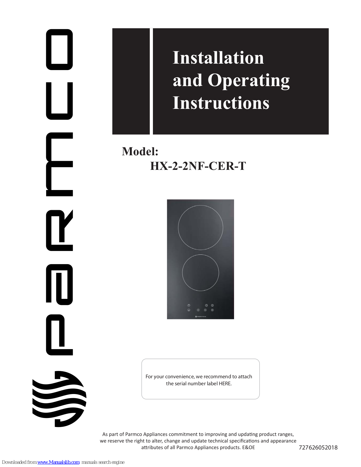 Parmco HX-2-2NF-CER-T Installation And Operating Instructions Manual