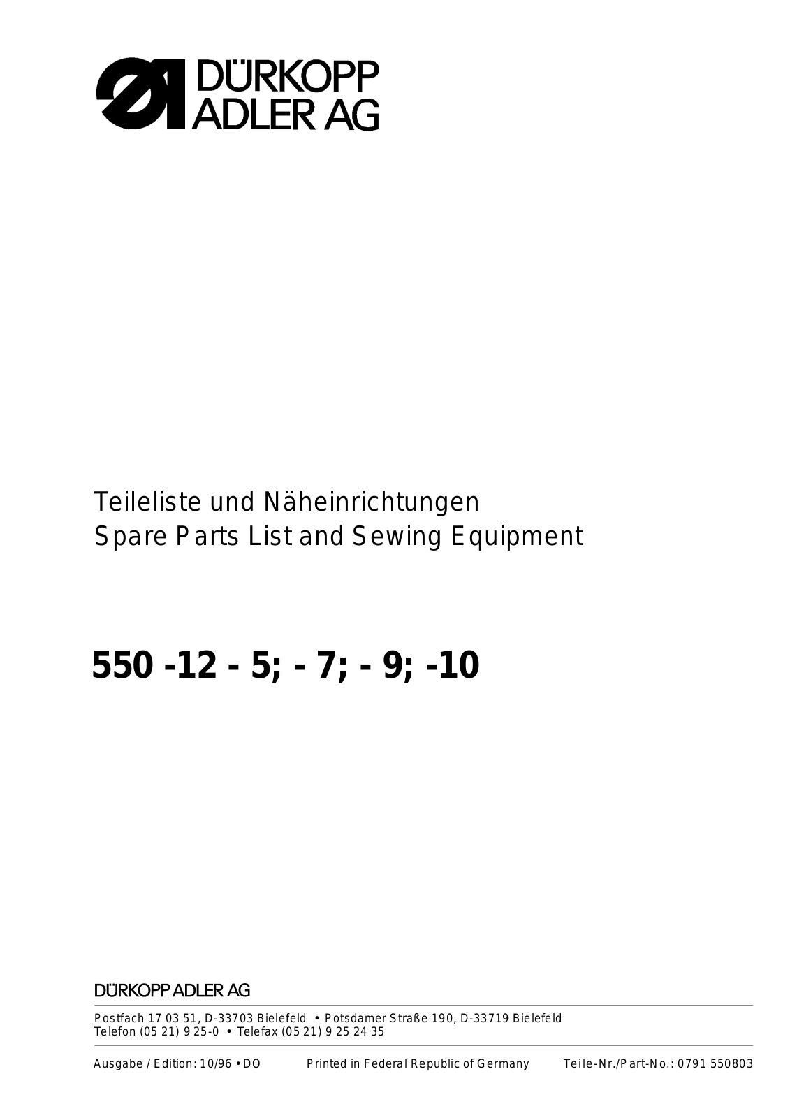 DURKOPP 550-12, 550-5, 550-7, 550-9, 550-10 Parts List