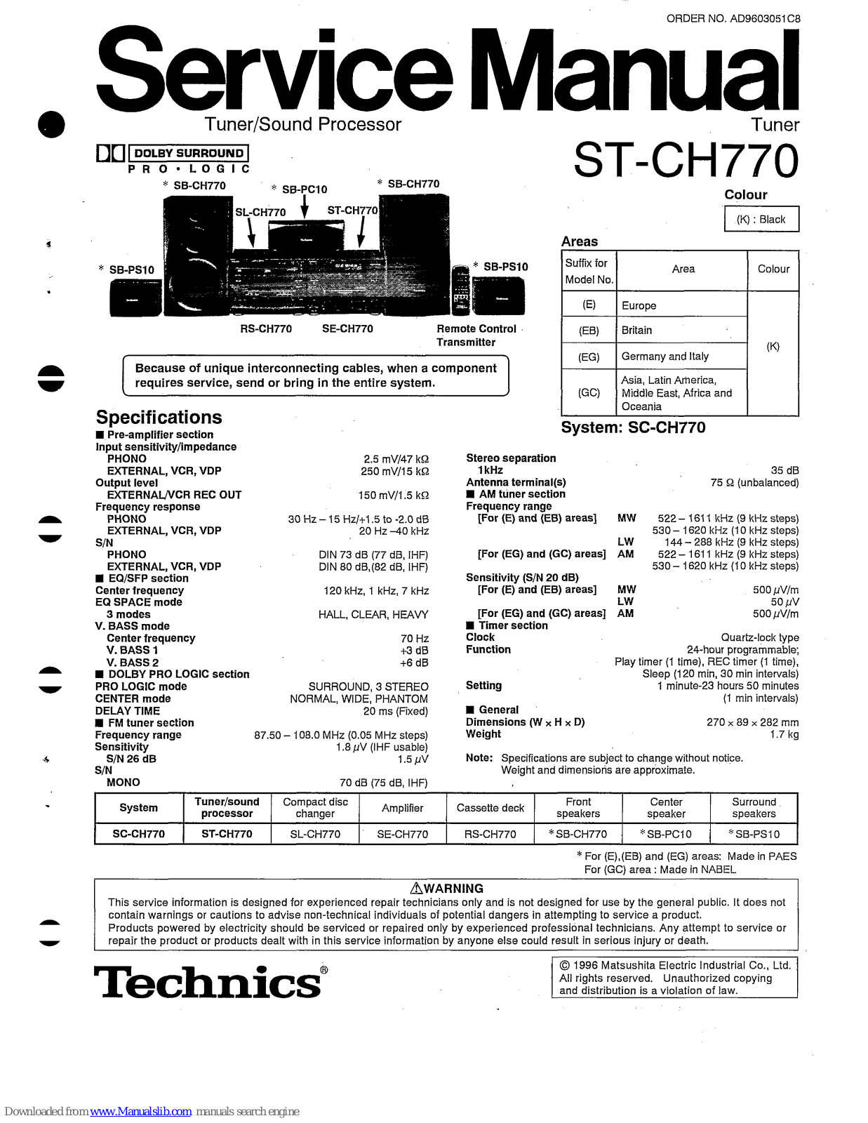 Technics ST-CH770, SB-CH770, SL-CH770, RS-CH770, SE-CH770 Service Manual