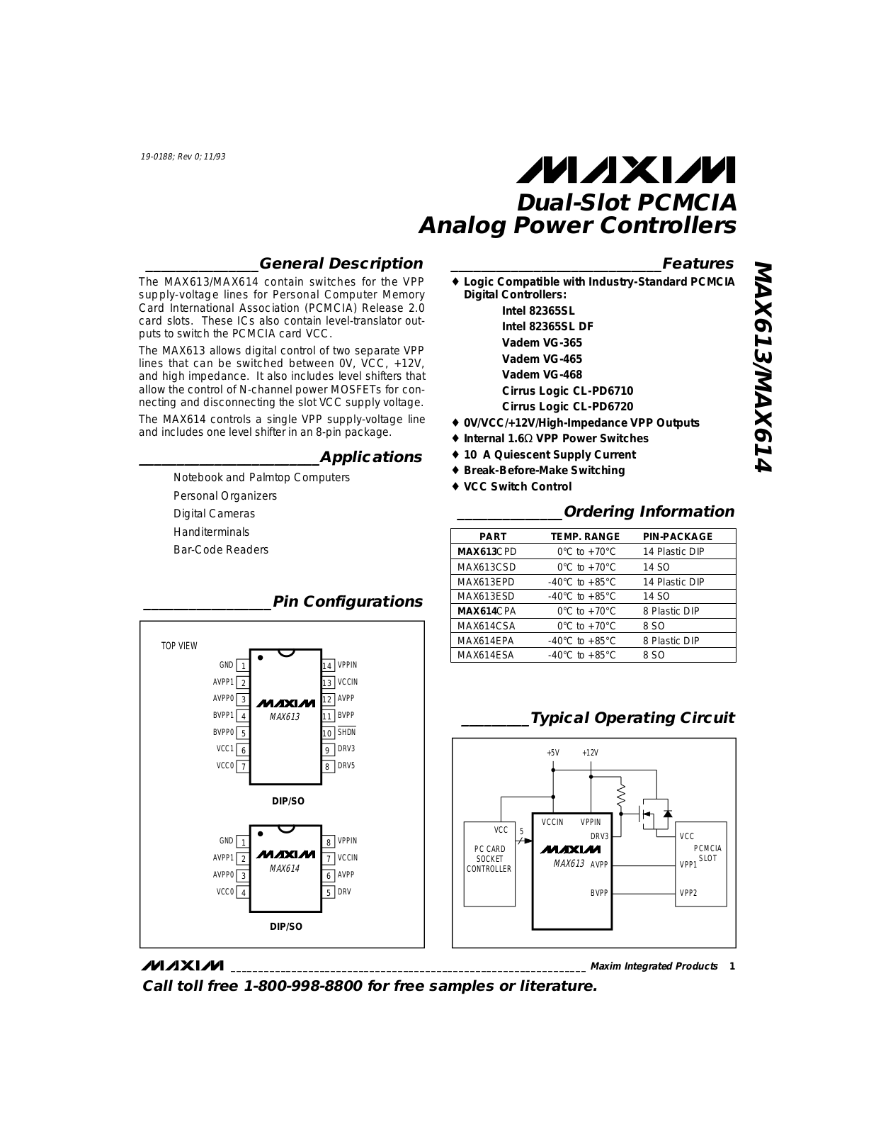 Maxim MAX614CSA, MAX613ESD, MAX613EPD, MAX613CSD, MAX614ESA Datasheet