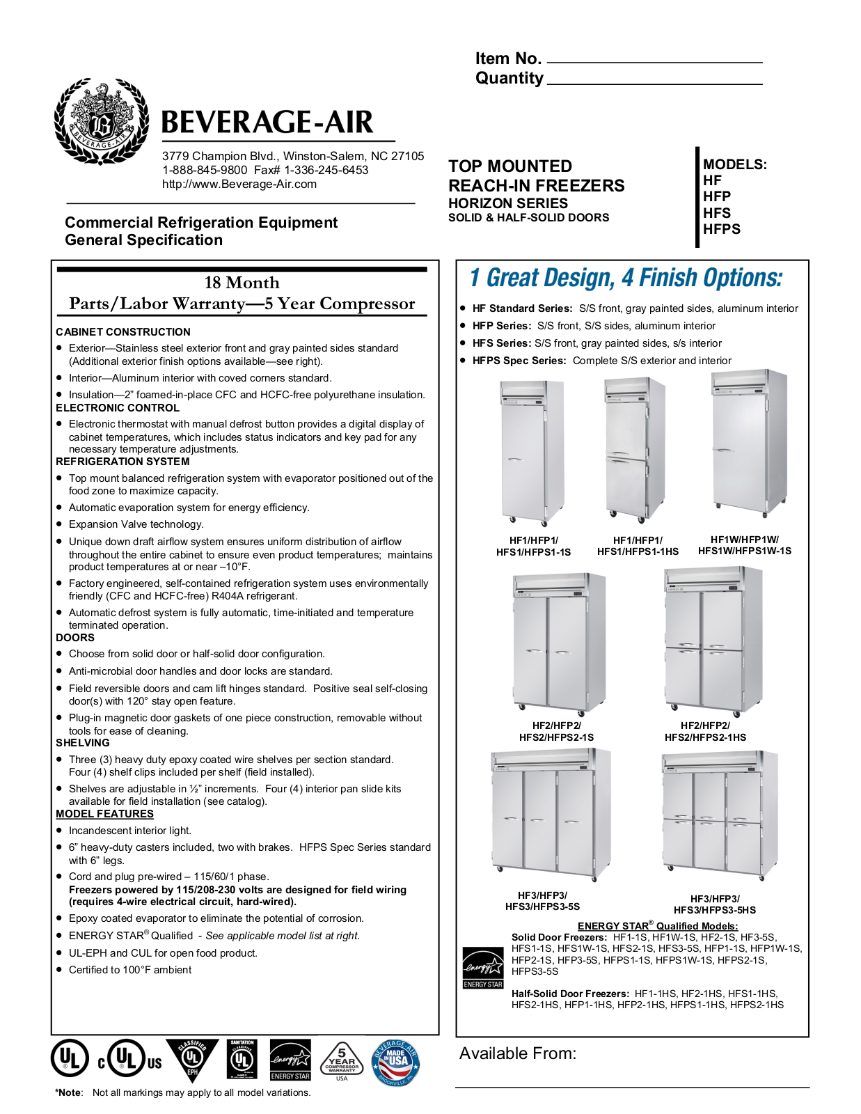 Beverage-Air HFP21HS, HF1W1S, HF21HS, HFP21S, HFP1W1S Specifications