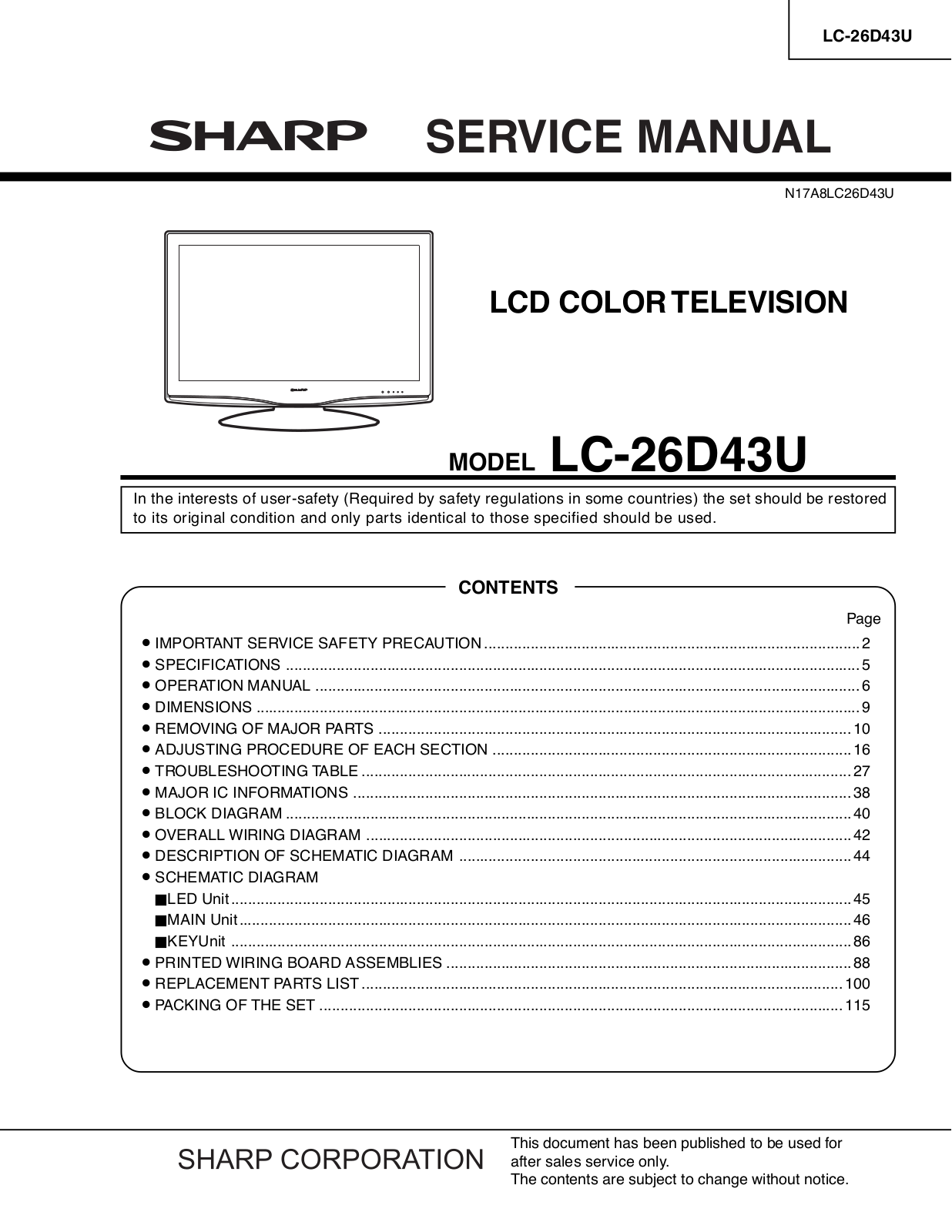 SHARP LC26D43, LC-26D43U Service Manual