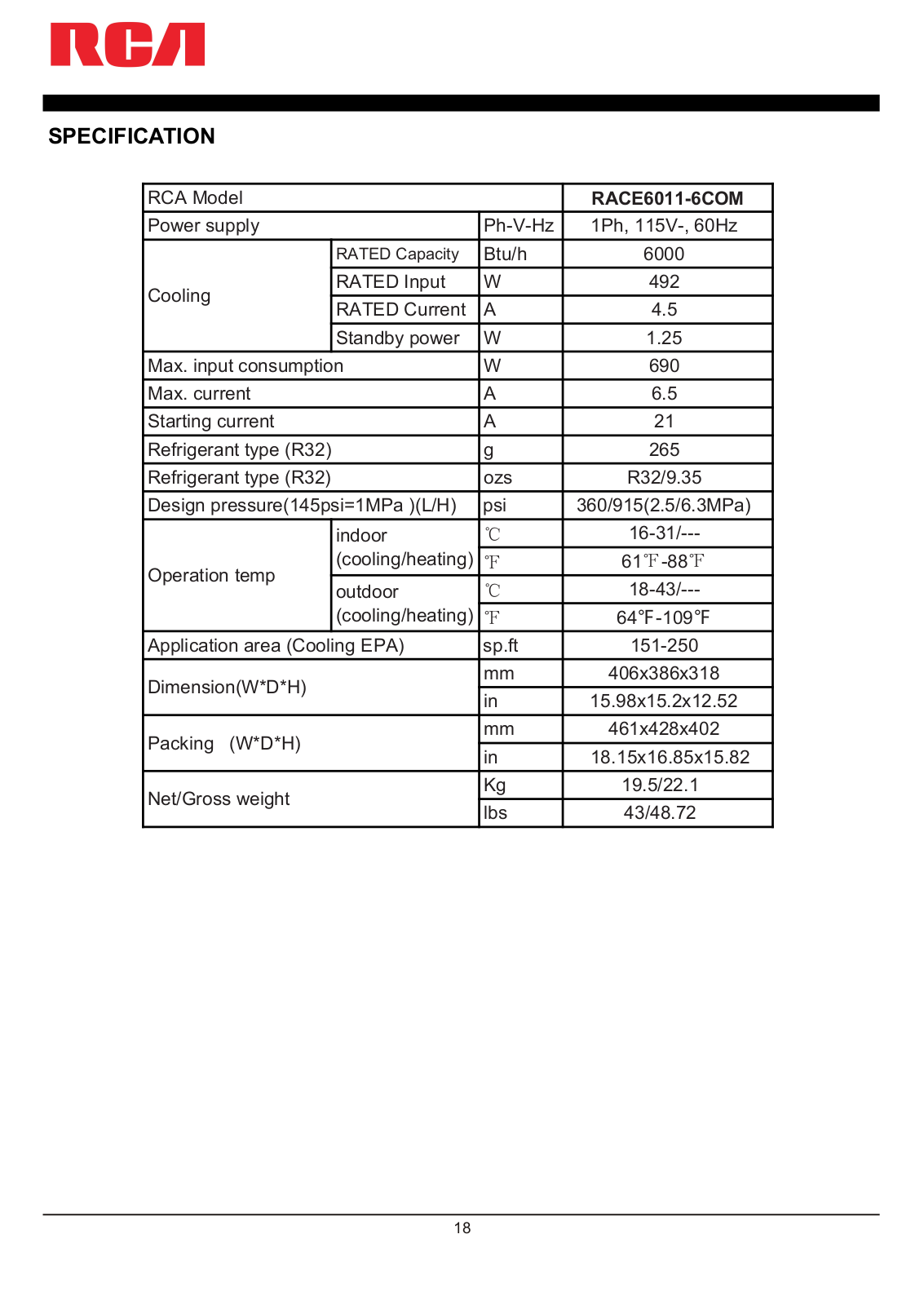 RCA RACE6011 Specifications - ManualMachine.com