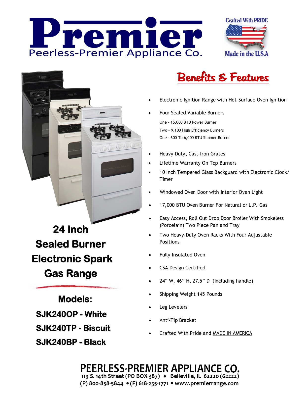 Premier SJK240TP, SJK240OP, SJK240BP Specifications - ManualMachine.com
