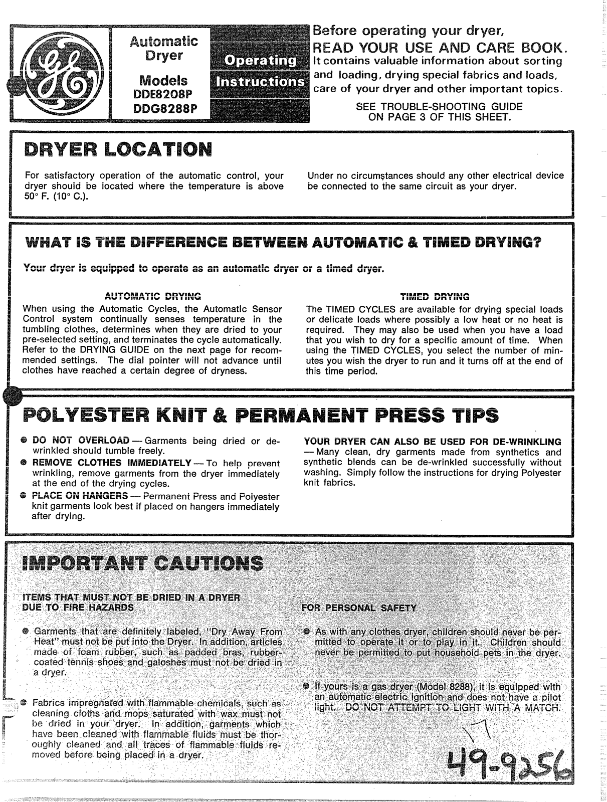 GE DDG8288P, DDE8208P Operation Instructions - ManualMachine.com