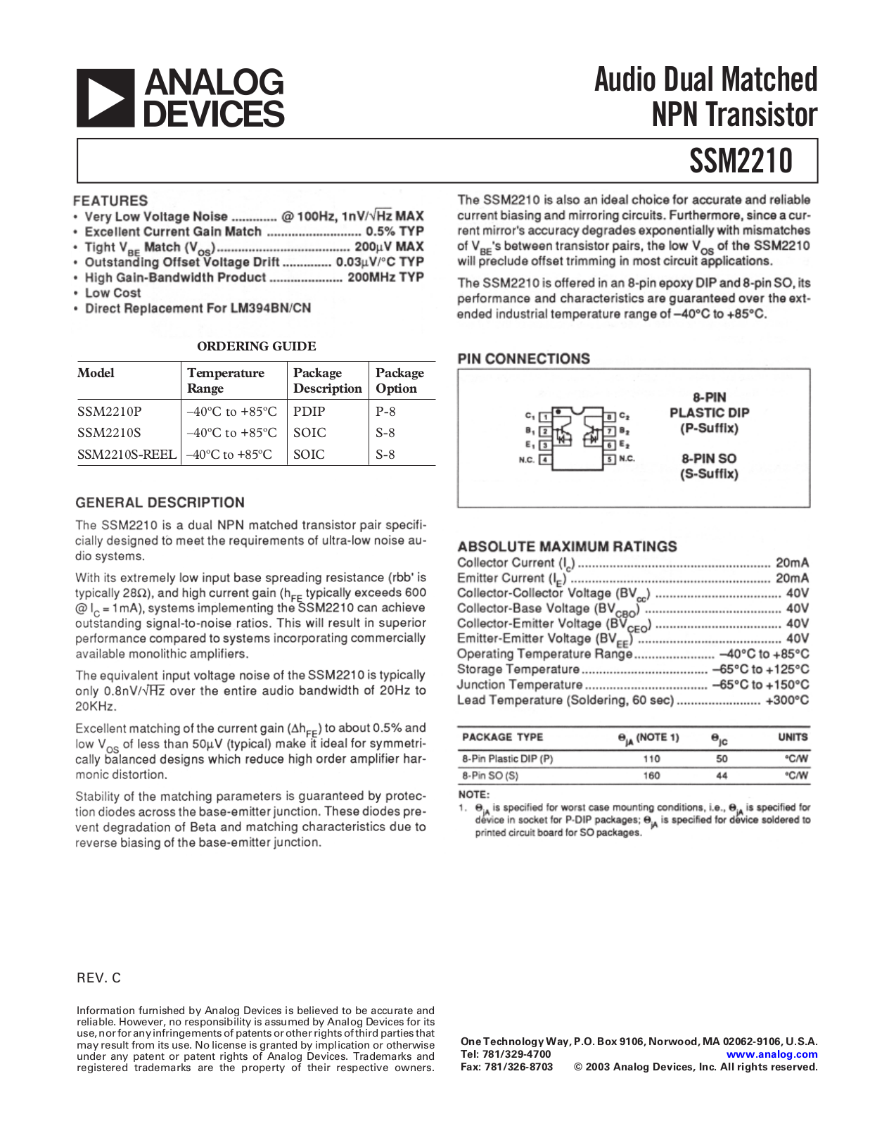 ANALOG DEVICES SSM2210 Service Manual