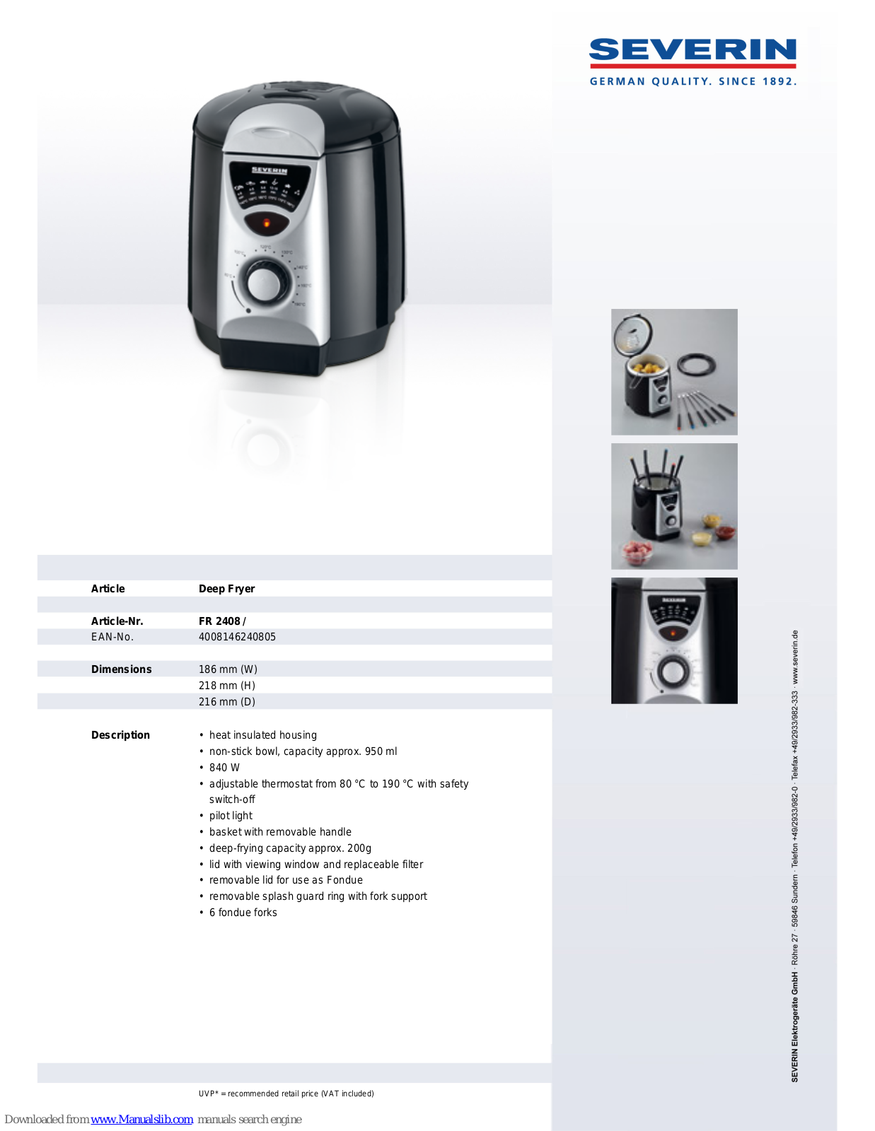 SEVERIN DEEP FRYER - DATASHEET 2, FR 2408 Dimensions