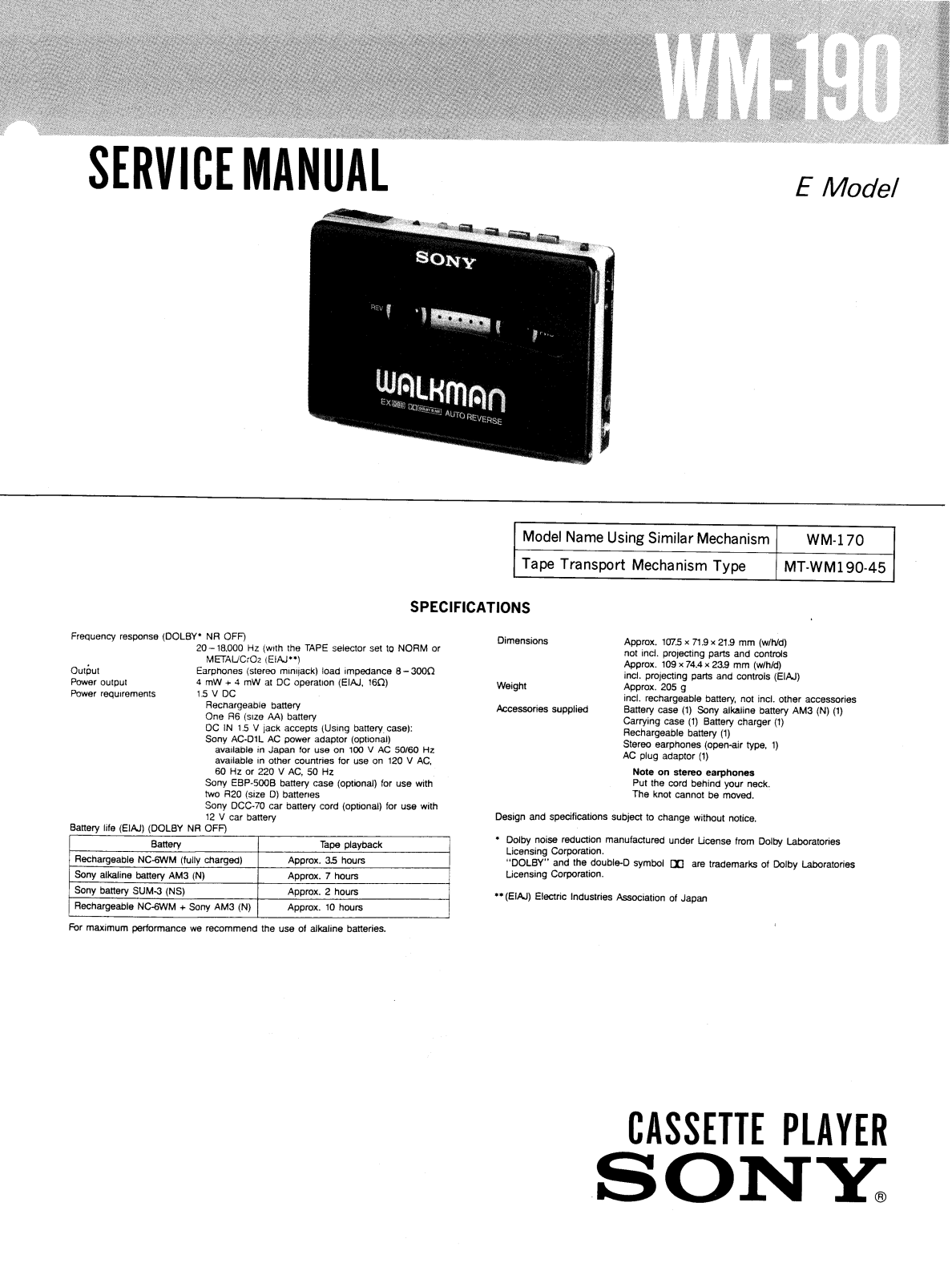 Sony WM-190 Service manual