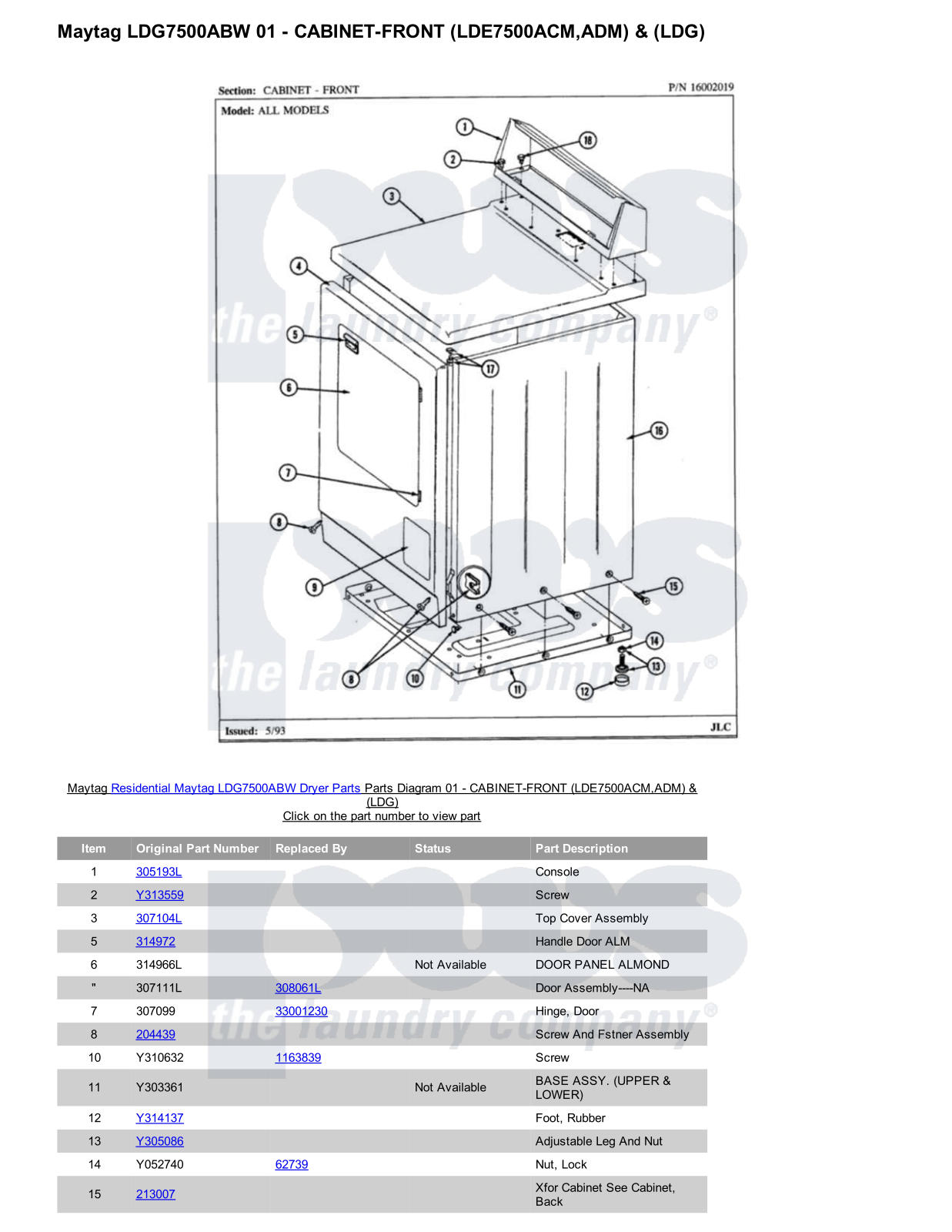 Maytag LDG7500ABW Parts Diagram