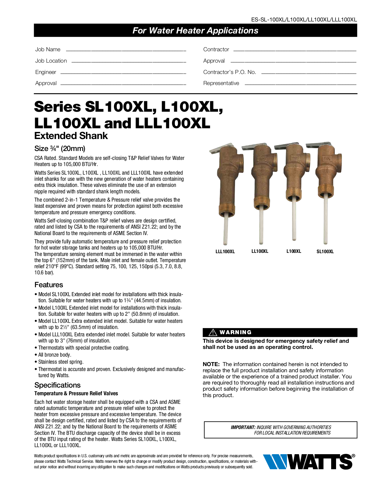 Watts LLL100XL User Manual