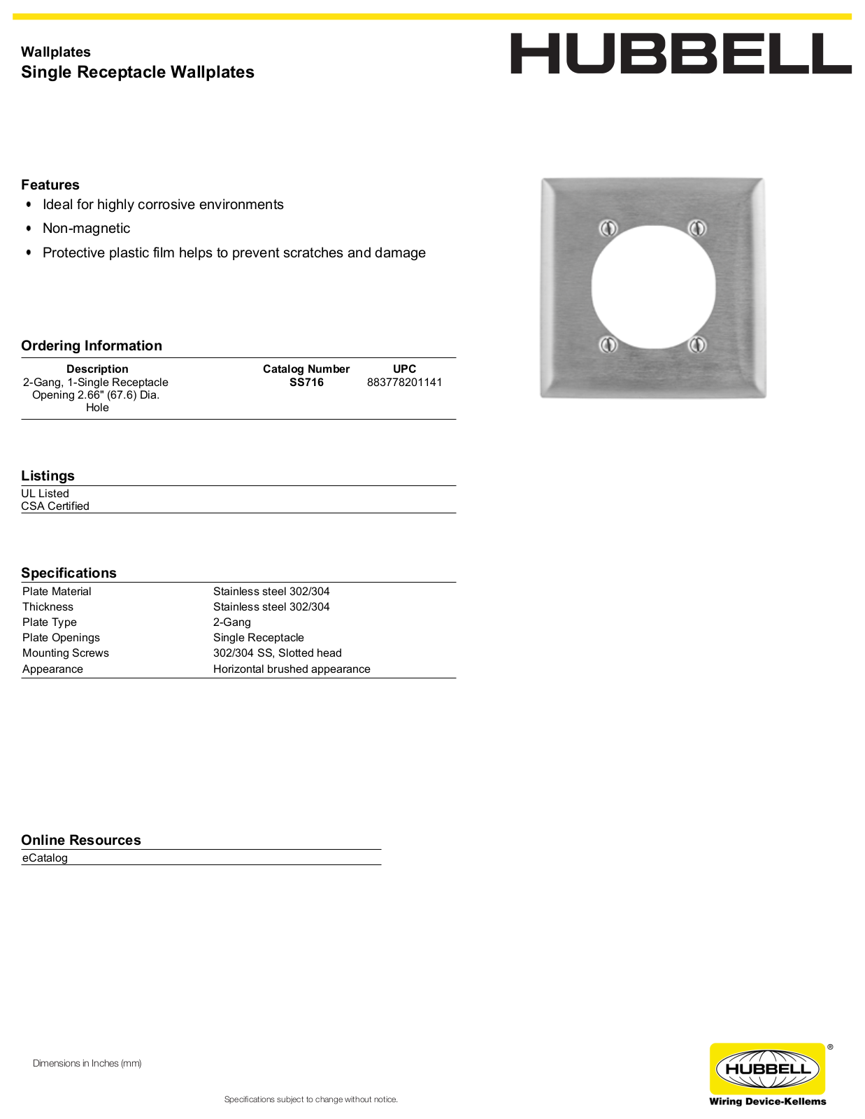 Hubbell SS716 Specifications