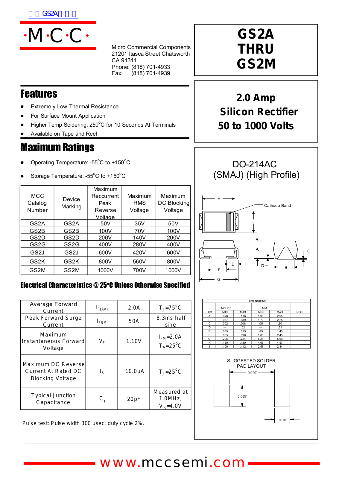 Micro Commercial Components GS2A, GS2M Technical data