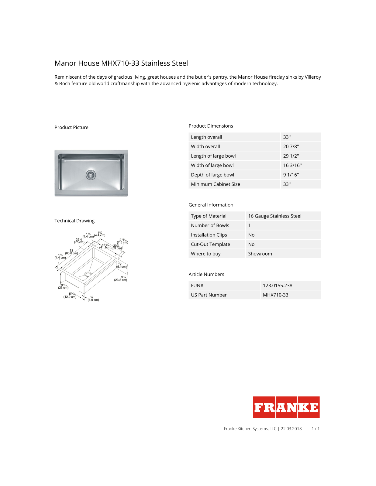 Franke MHX71033 Specs