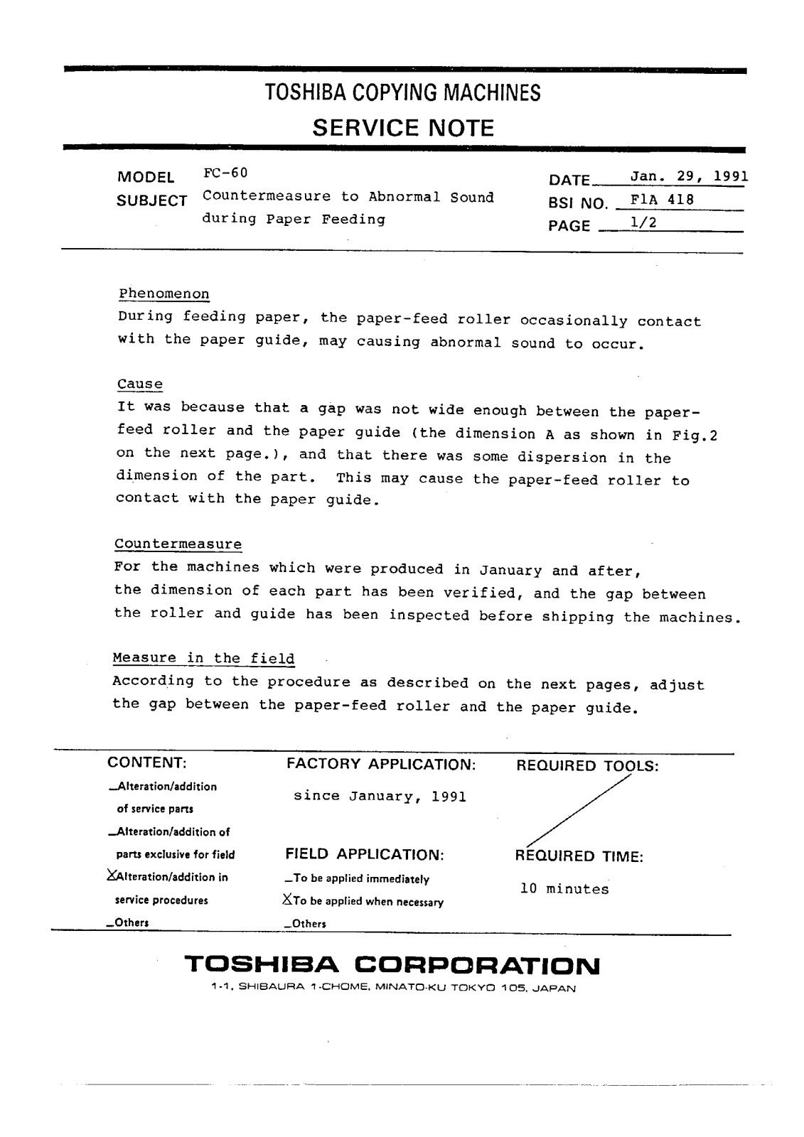 Toshiba f1a418 Service Note