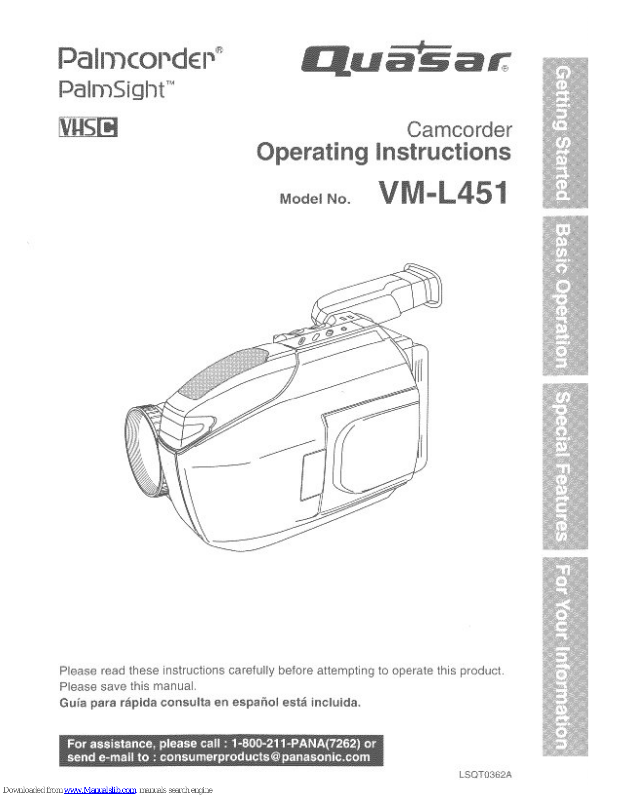 Quasar Palmcorder PalmSight VM-L451, VML451 - VHS-C, VML451D - VHS-C CAMCORDER User Manual