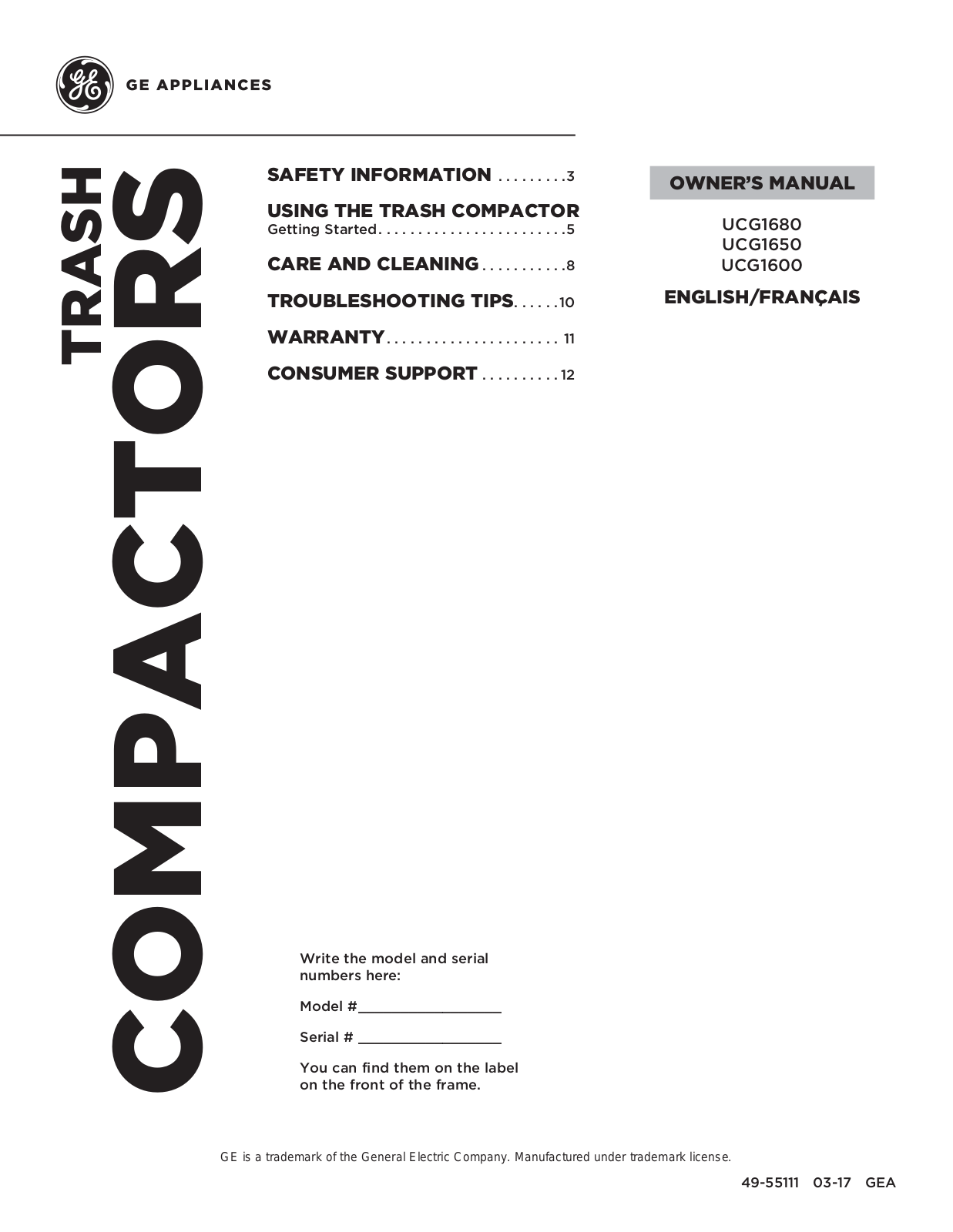 GE UCG1650LII User Manual