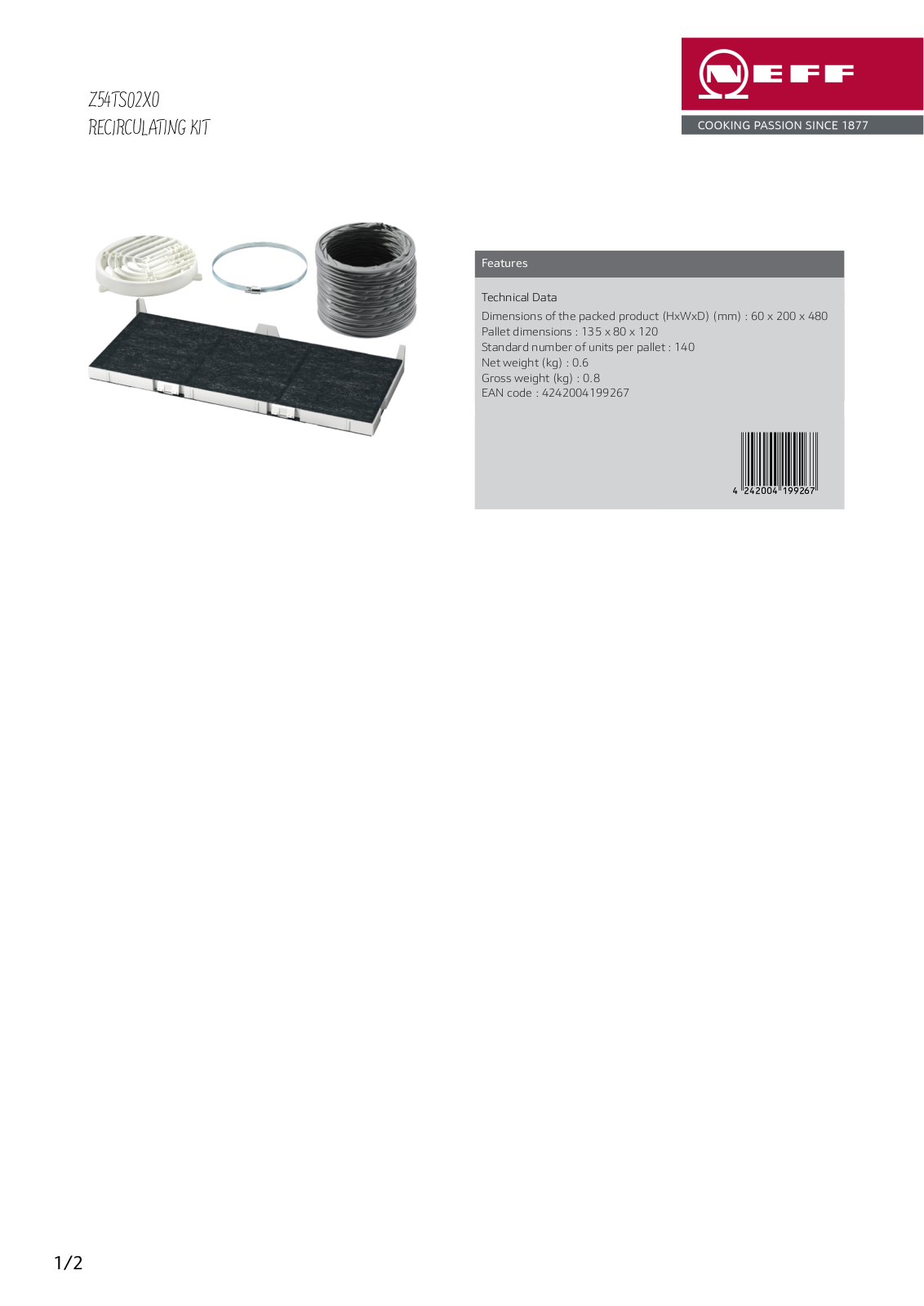 NEFF Z54TS02X0 Specifications Sheet